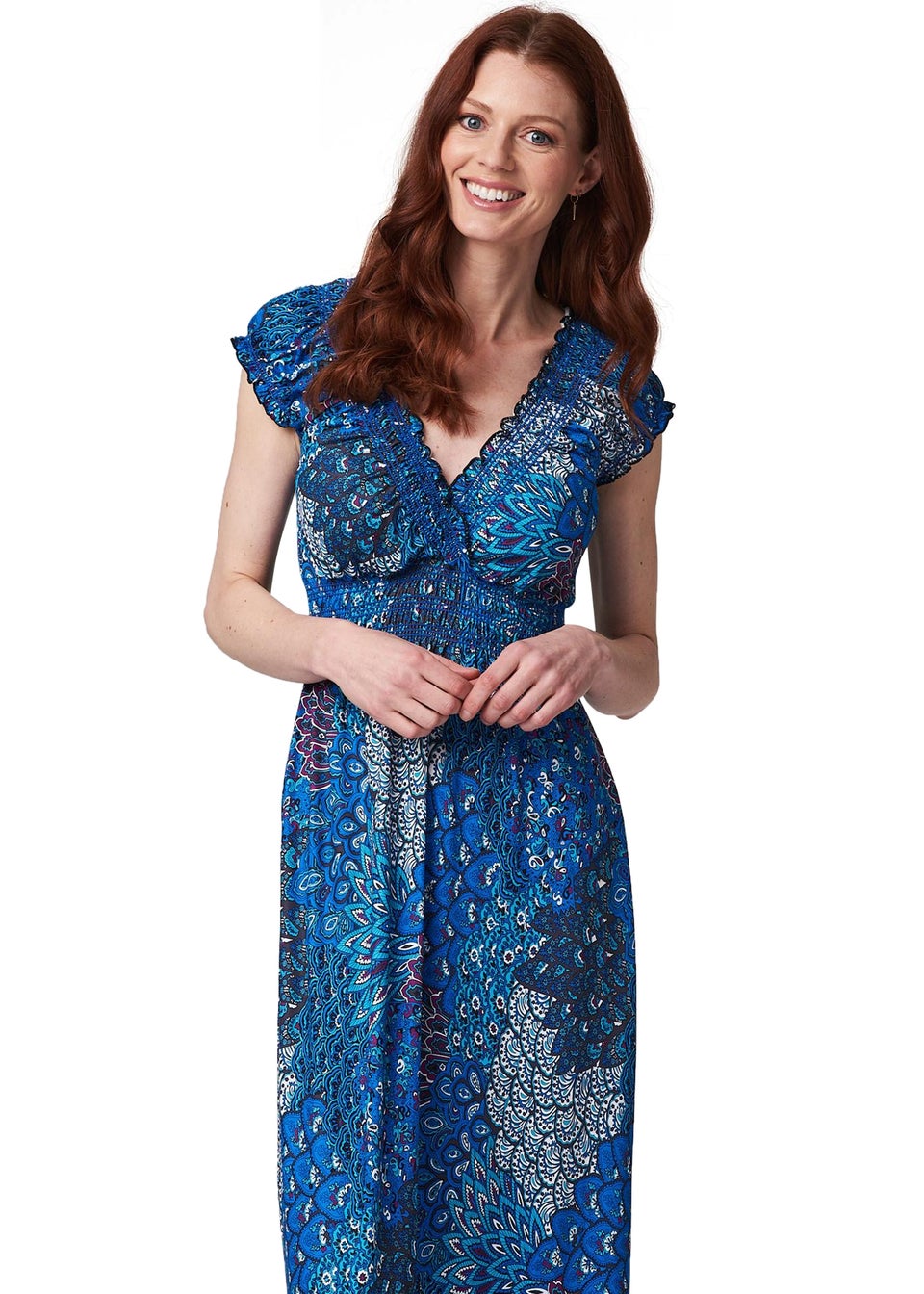 Izabel London Blue Peacock Print V-Neck Maxi Dress