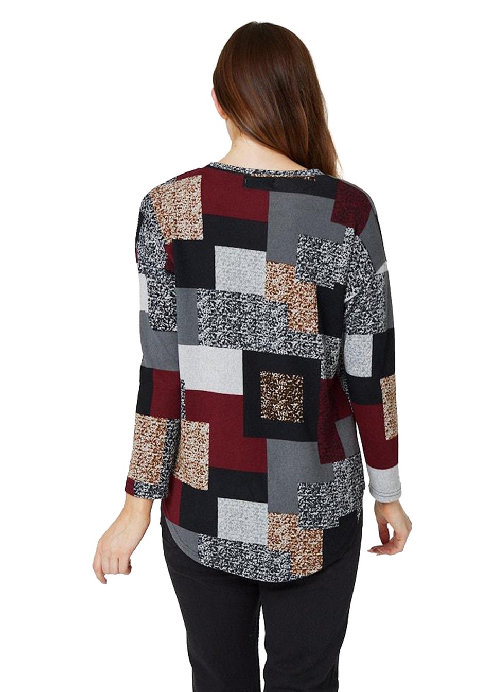 Izabel London Burgundy Patchwork Long Sleeve Relaxed Top