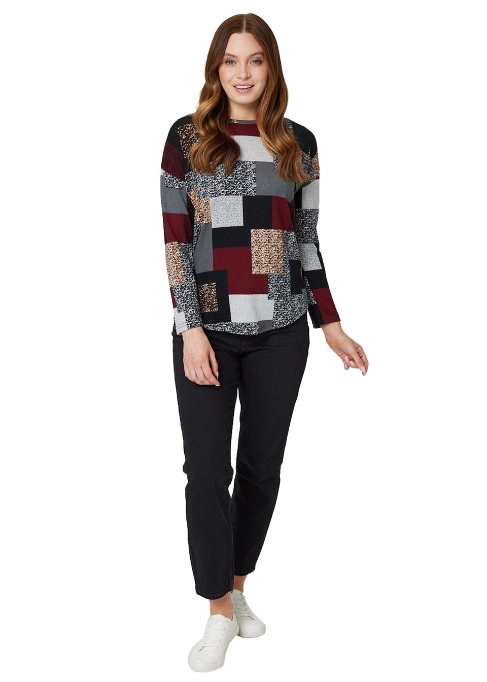 Izabel London Burgundy Patchwork Long Sleeve Relaxed Top