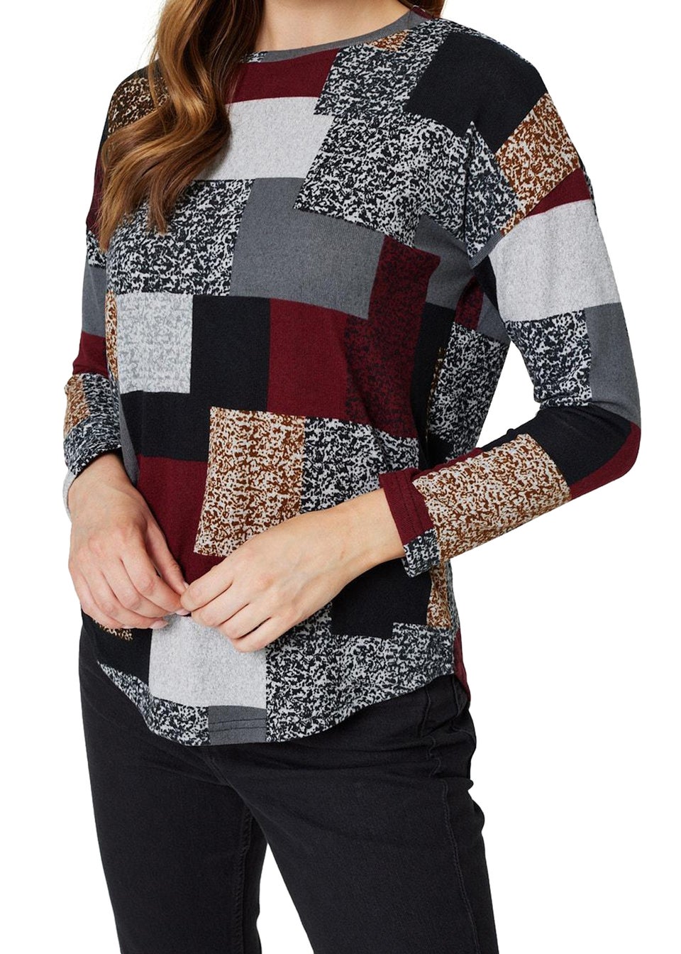 Izabel London Burgundy Patchwork Long Sleeve Relaxed Top