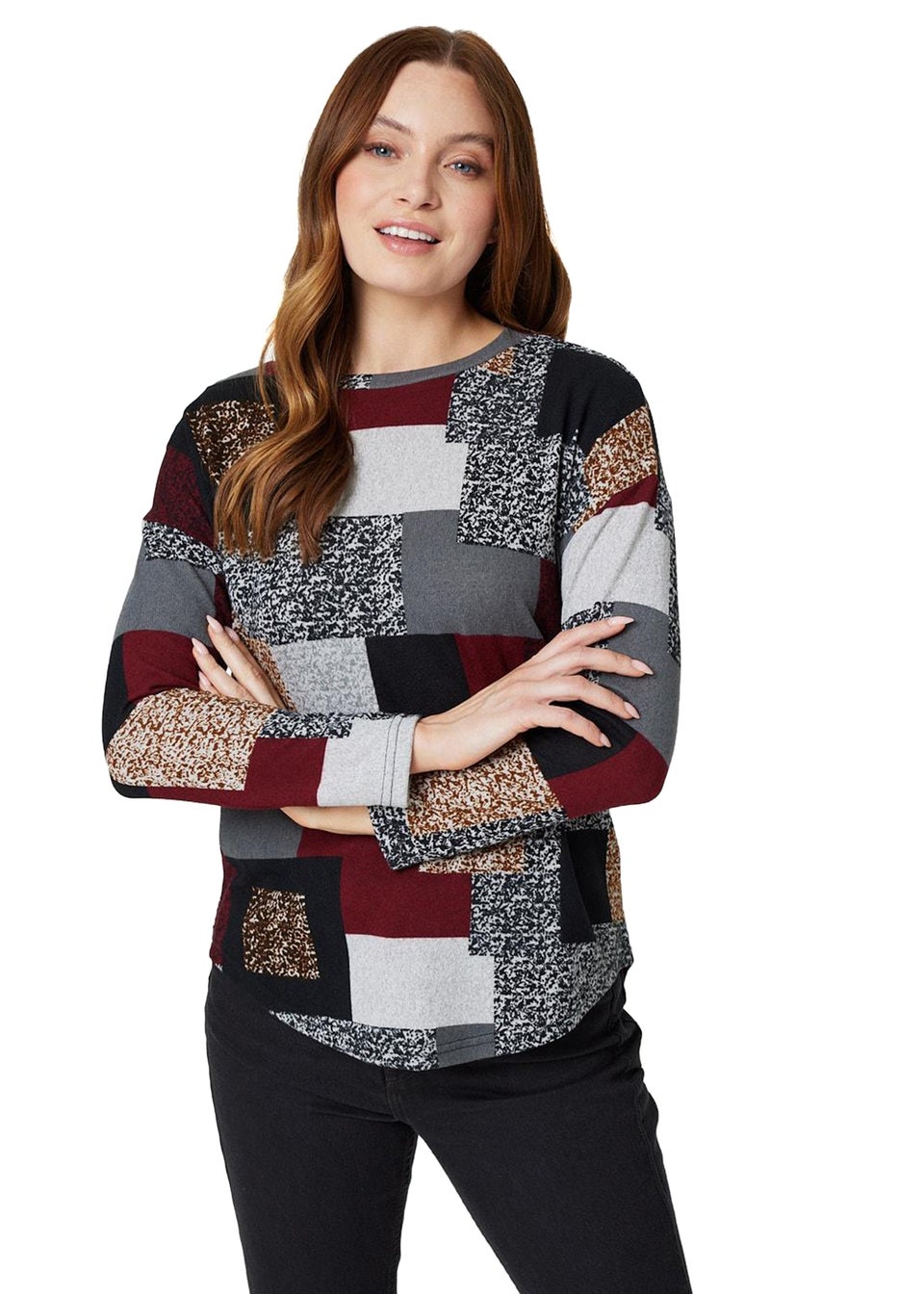 Izabel London Burgundy Patchwork Long Sleeve Relaxed Top