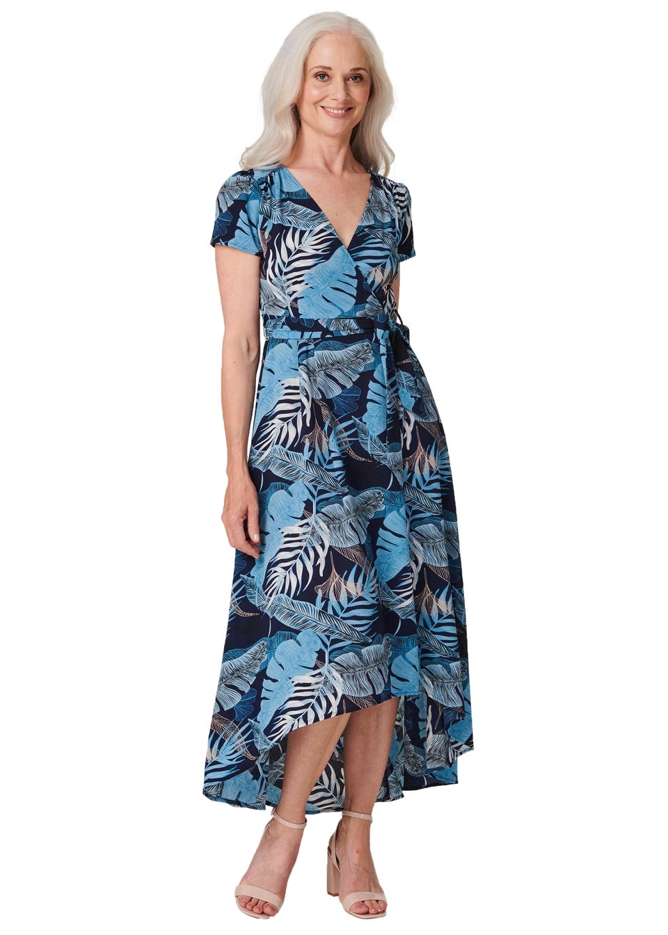 Izabel London Blue Leaf Print High Low Maxi Dress