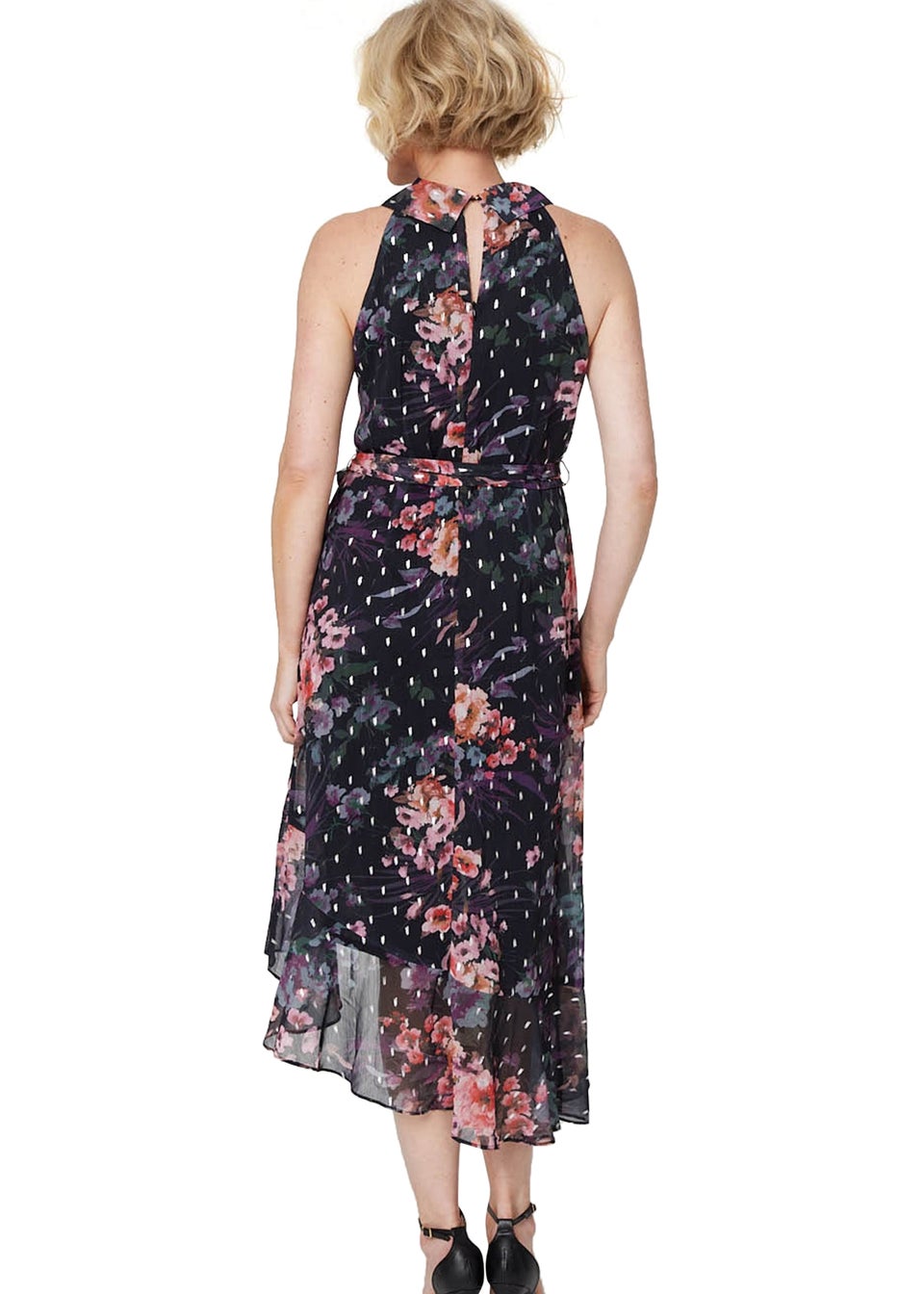 Izabel London Black Floral High Neck Wrap Dress - Matalan