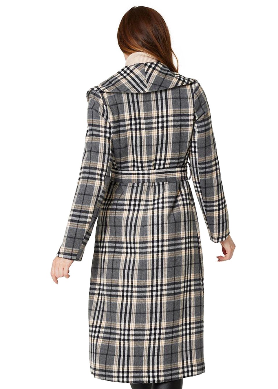 Izabel London Grey Checked Tie Waist Longline Coat Matalan