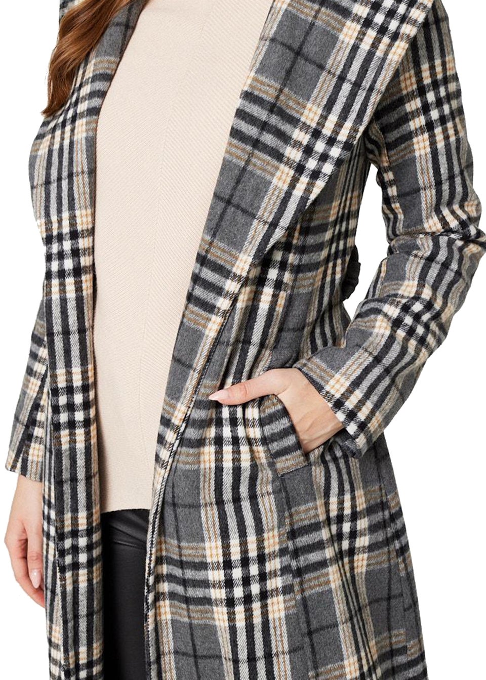 Izabel London Grey Checked Tie Waist Longline Coat Matalan