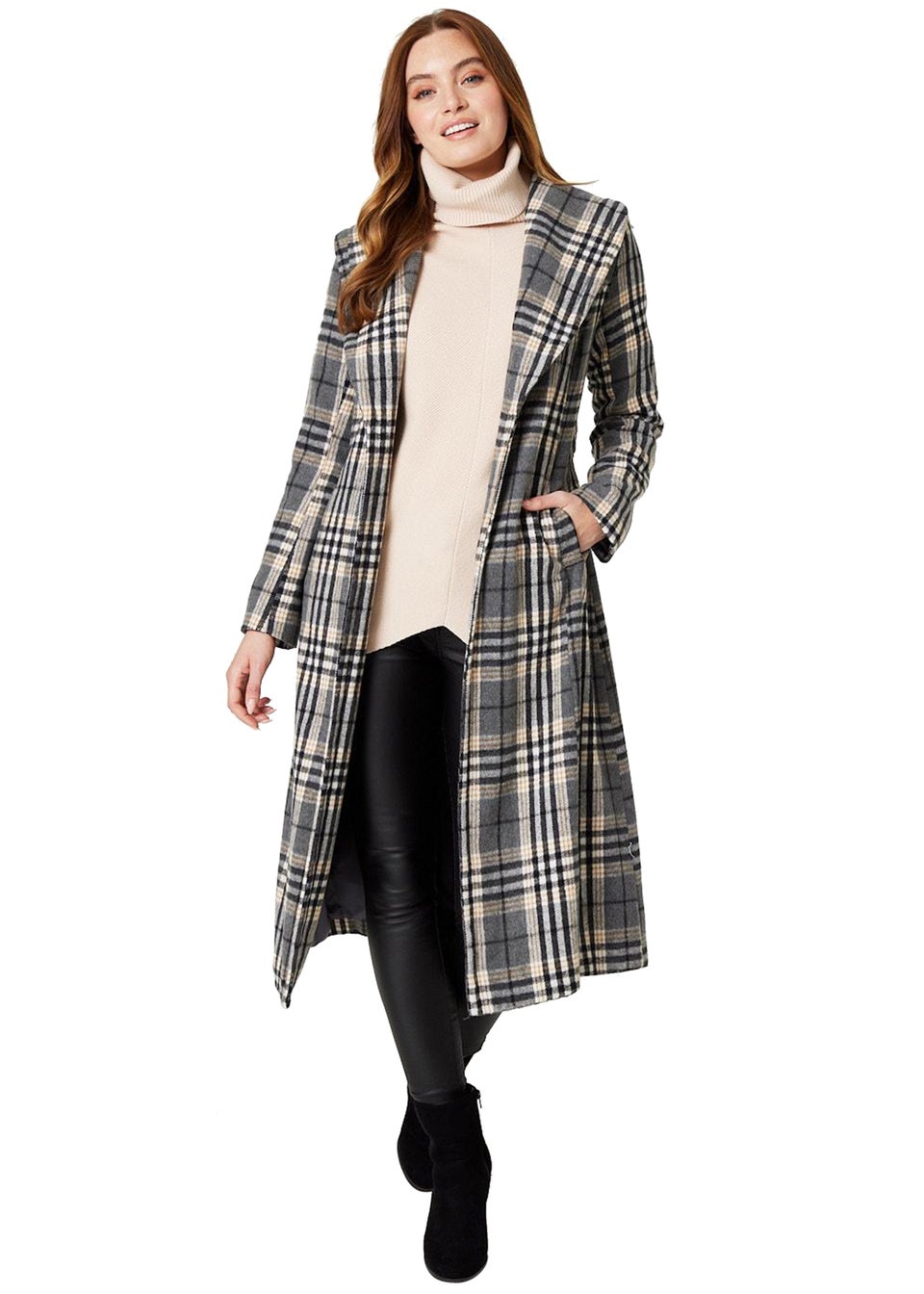 Izabel London Grey Checked Tie Waist Longline Coat Matalan