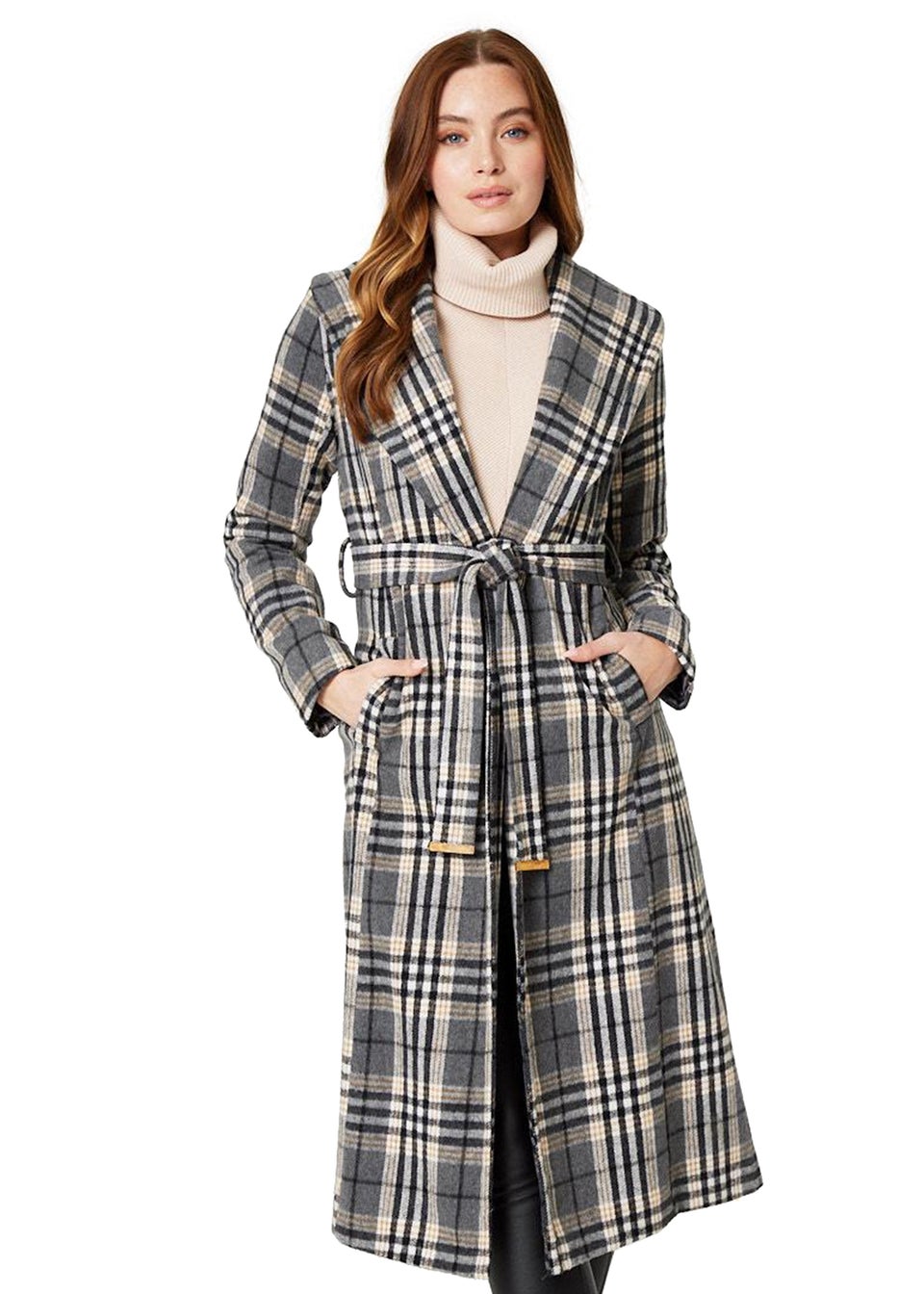 Long grey checkered coat discount