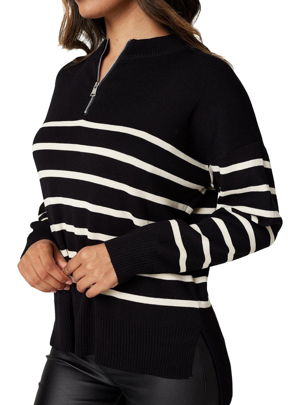 Izabel London Black Striped Zip Neck Knit Pullover