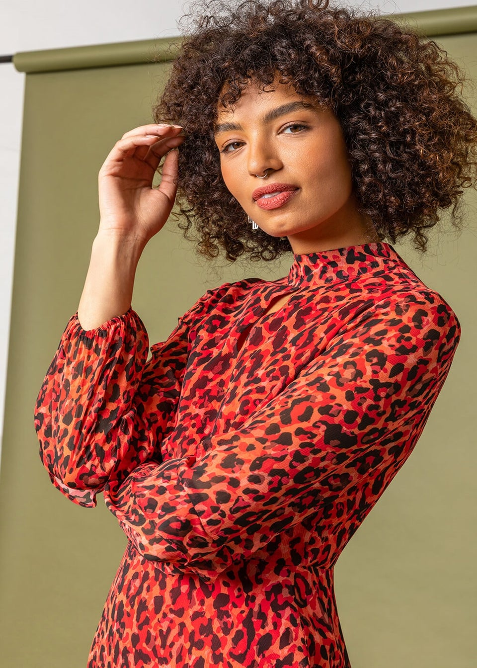 Dusk Red Leopard Print Frill Detail Chiffon Dress