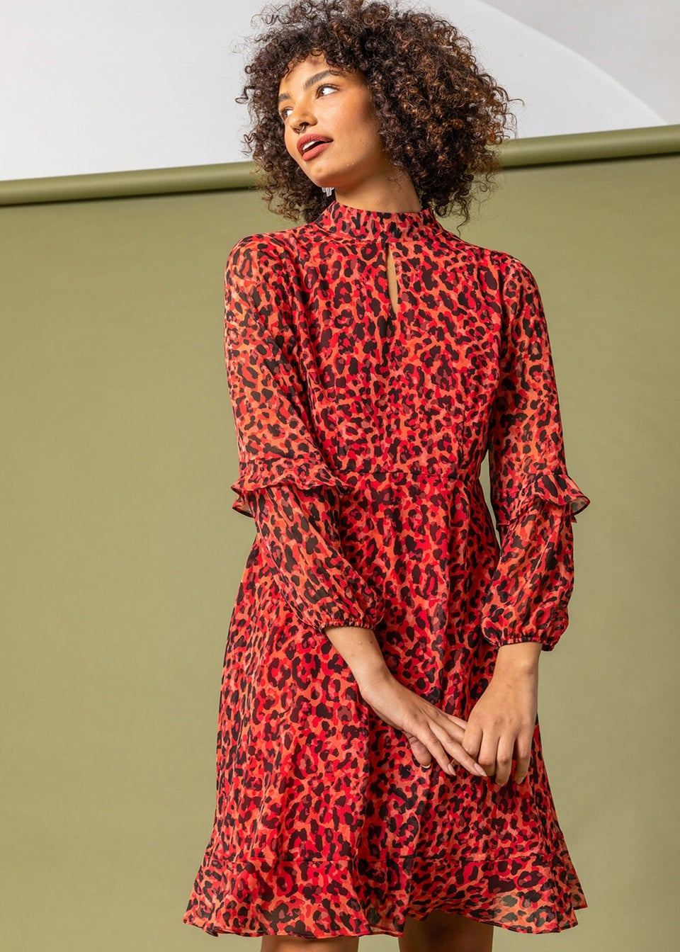 Dusk Red Leopard Print Frill Detail Chiffon Dress