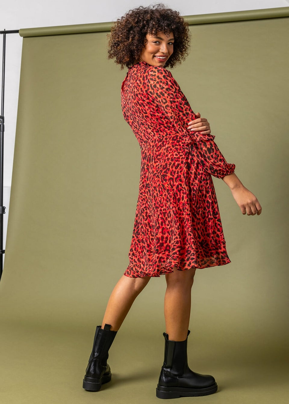 Dusk Red Leopard Print Frill Detail Chiffon Dress