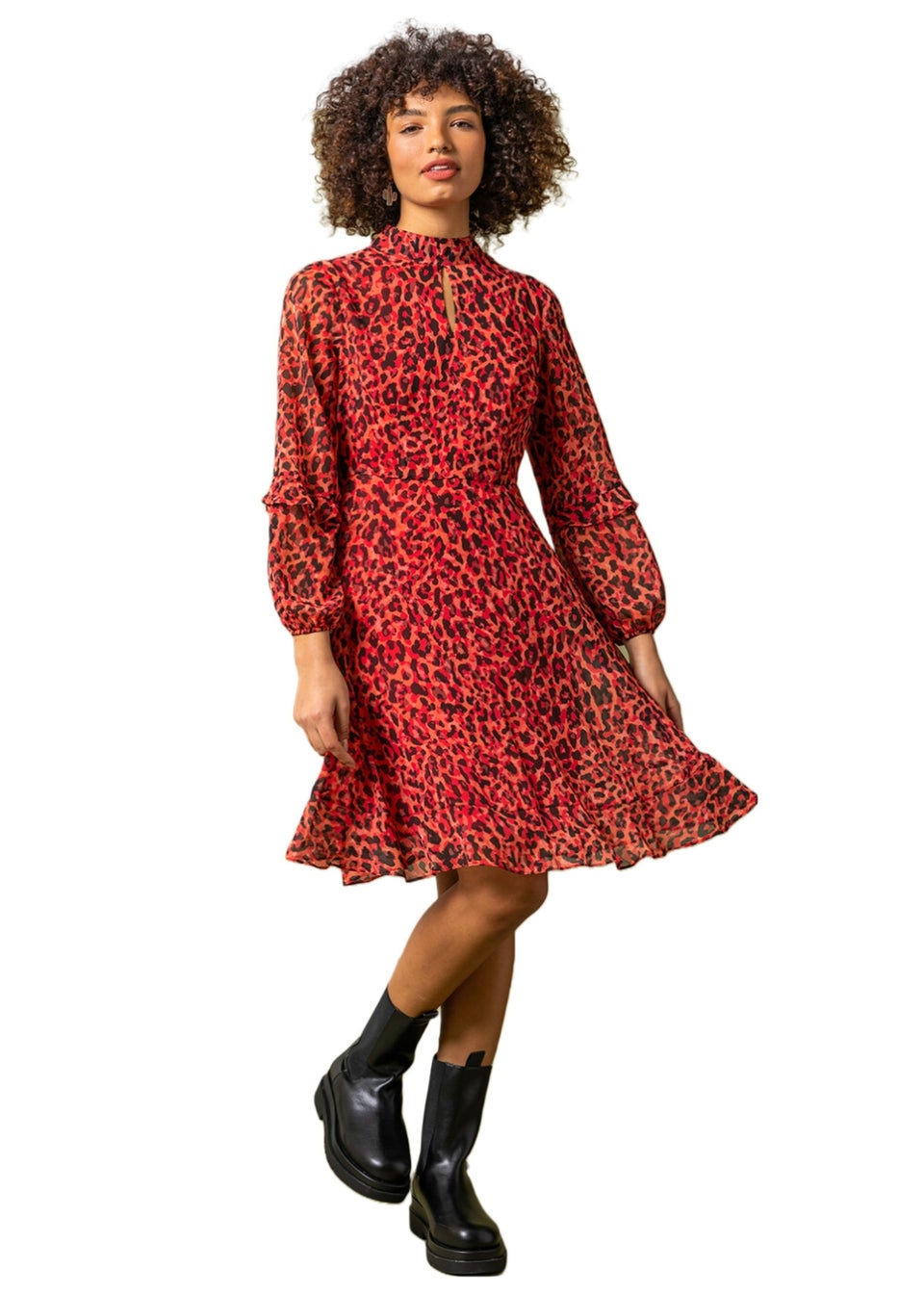 Red leopard print frill dress discount