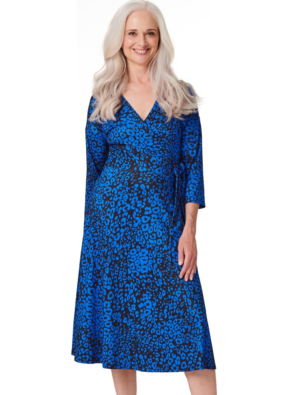 Izabel London Blue Leopard Print Midi Wrap Dress Matalan