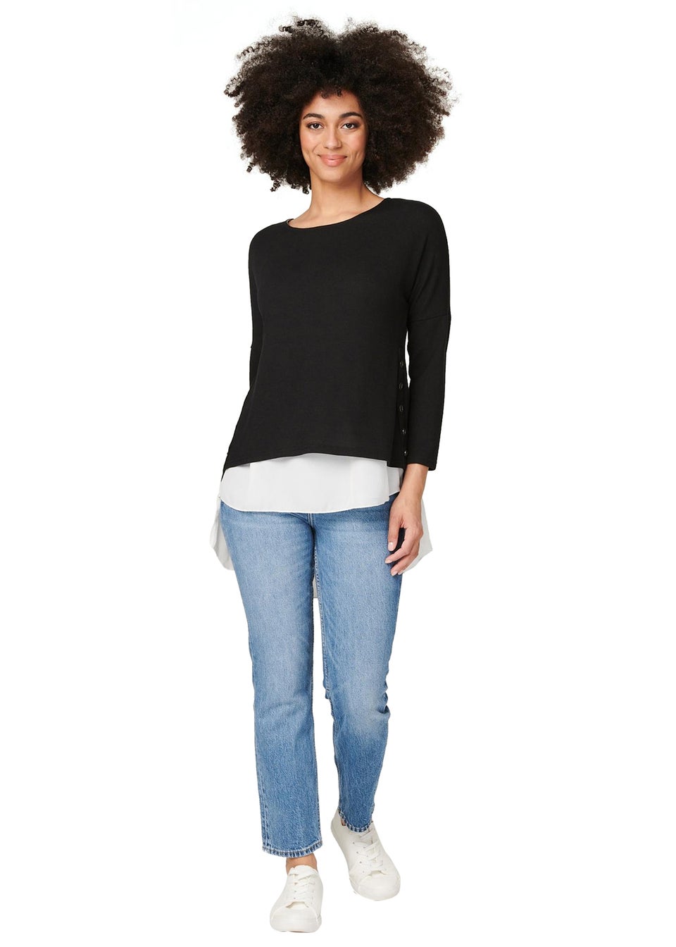 Izabel London Black Layered Hem Button Detail Top