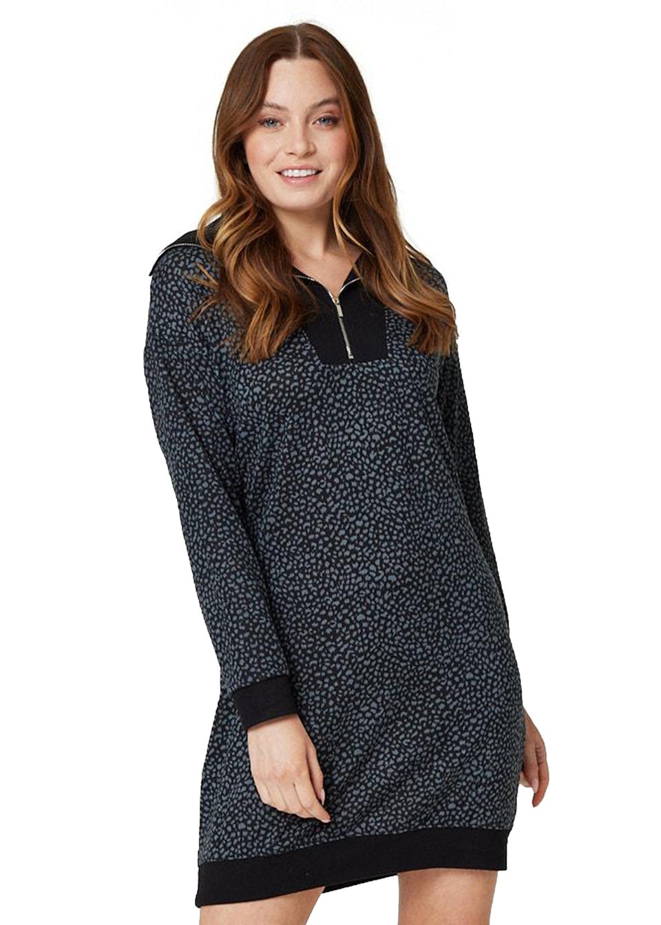 Izabel London Black Printed Zip Neck Jumper Dress