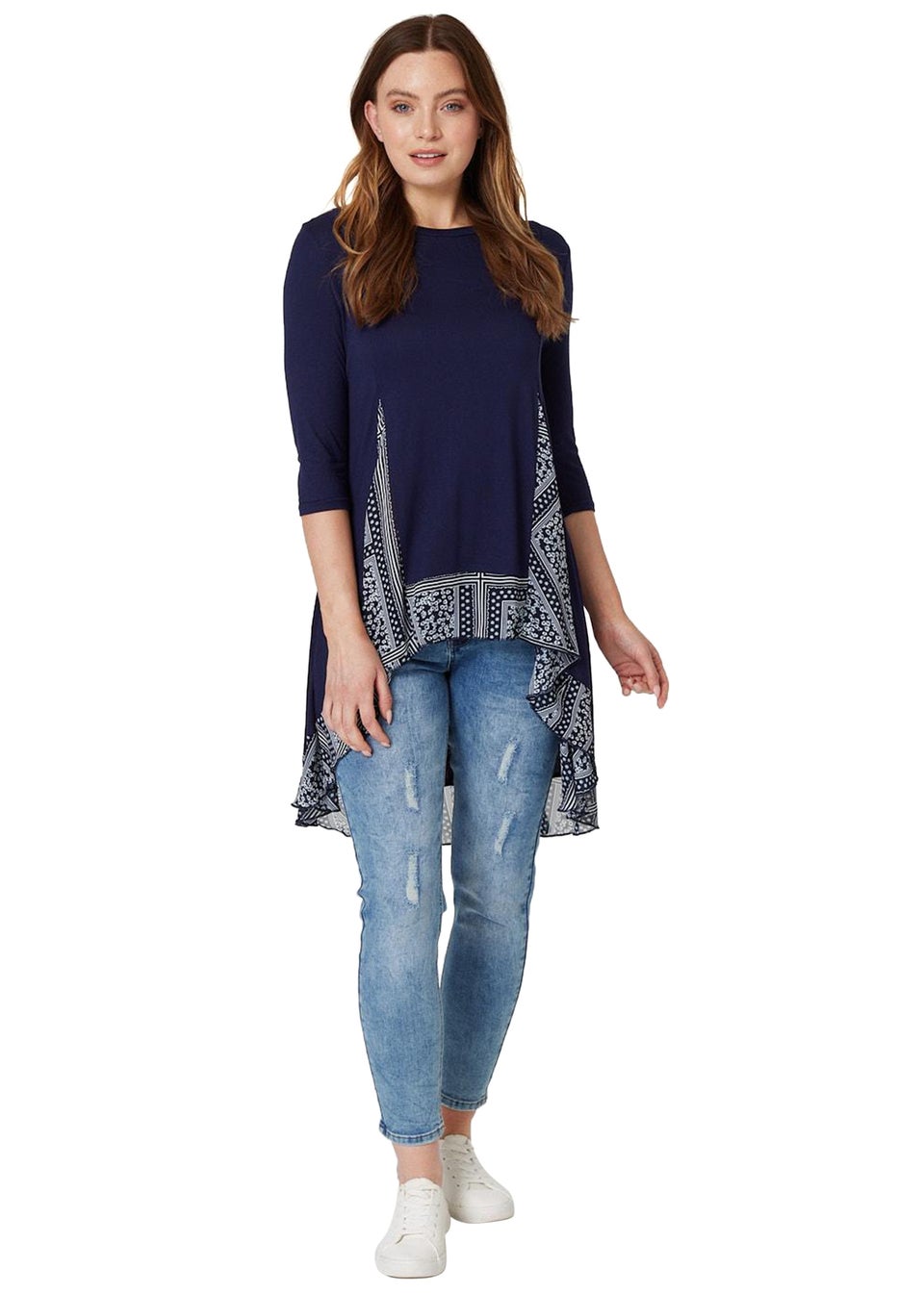 Izabel London Navy Border Print Drop Hem Tunic Top