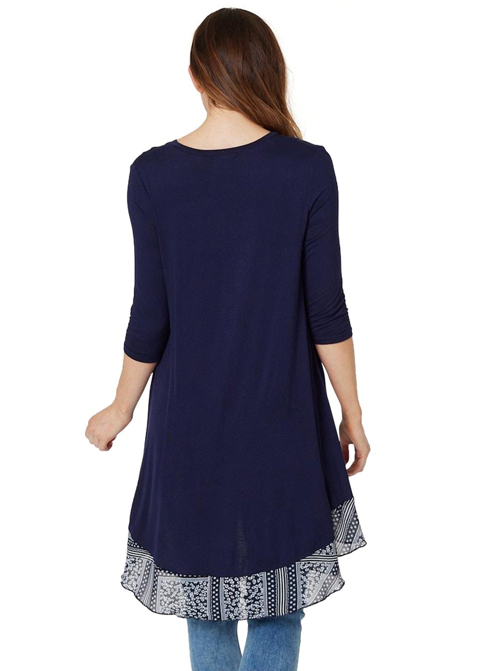 Izabel London Navy Border Print Drop Hem Tunic Top