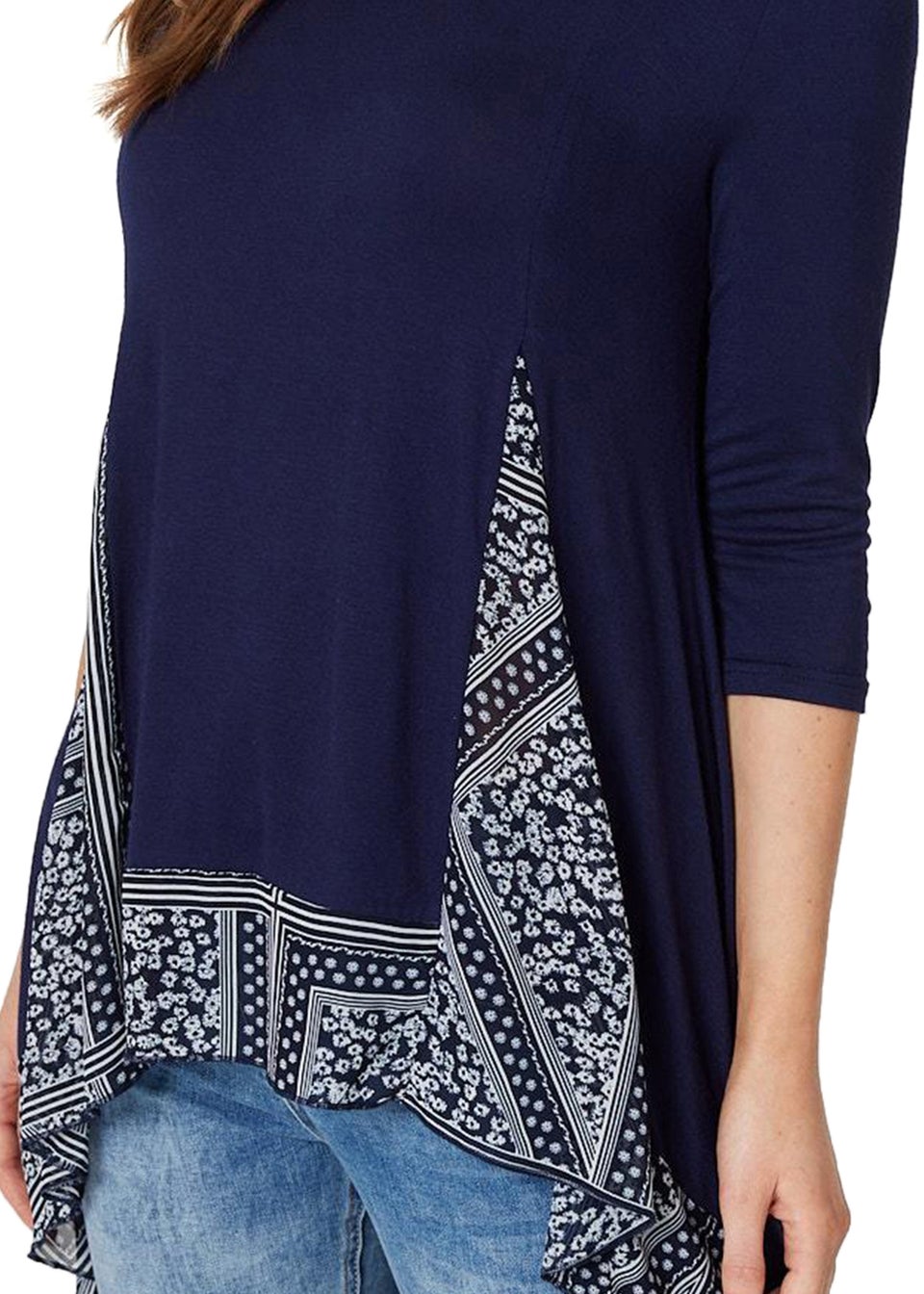 Izabel London Navy Border Print Drop Hem Tunic Top