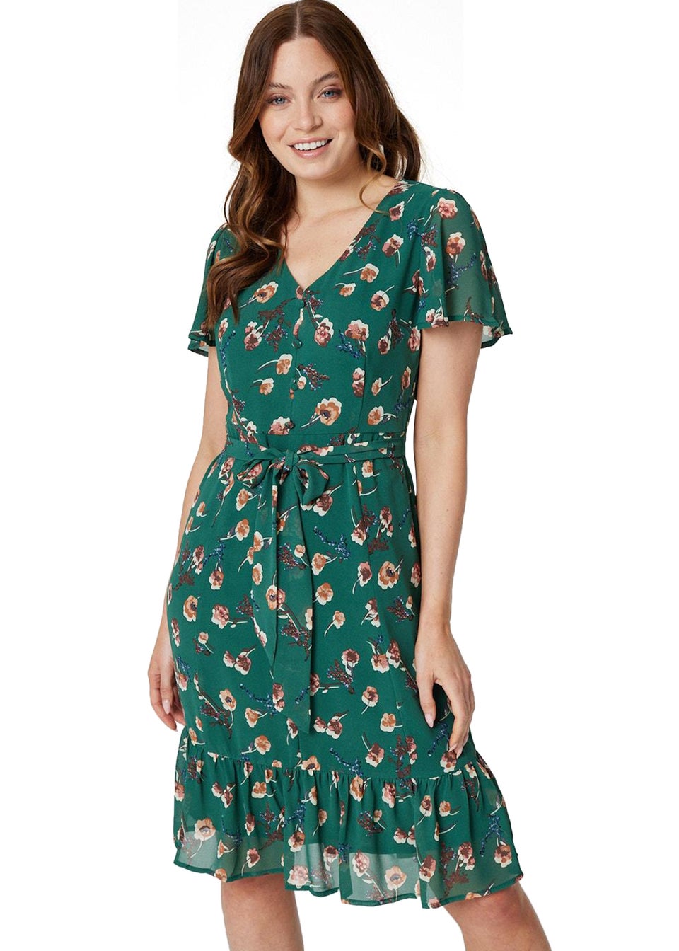 Izabel London Green Floral Angel Sleeve Tea Dress