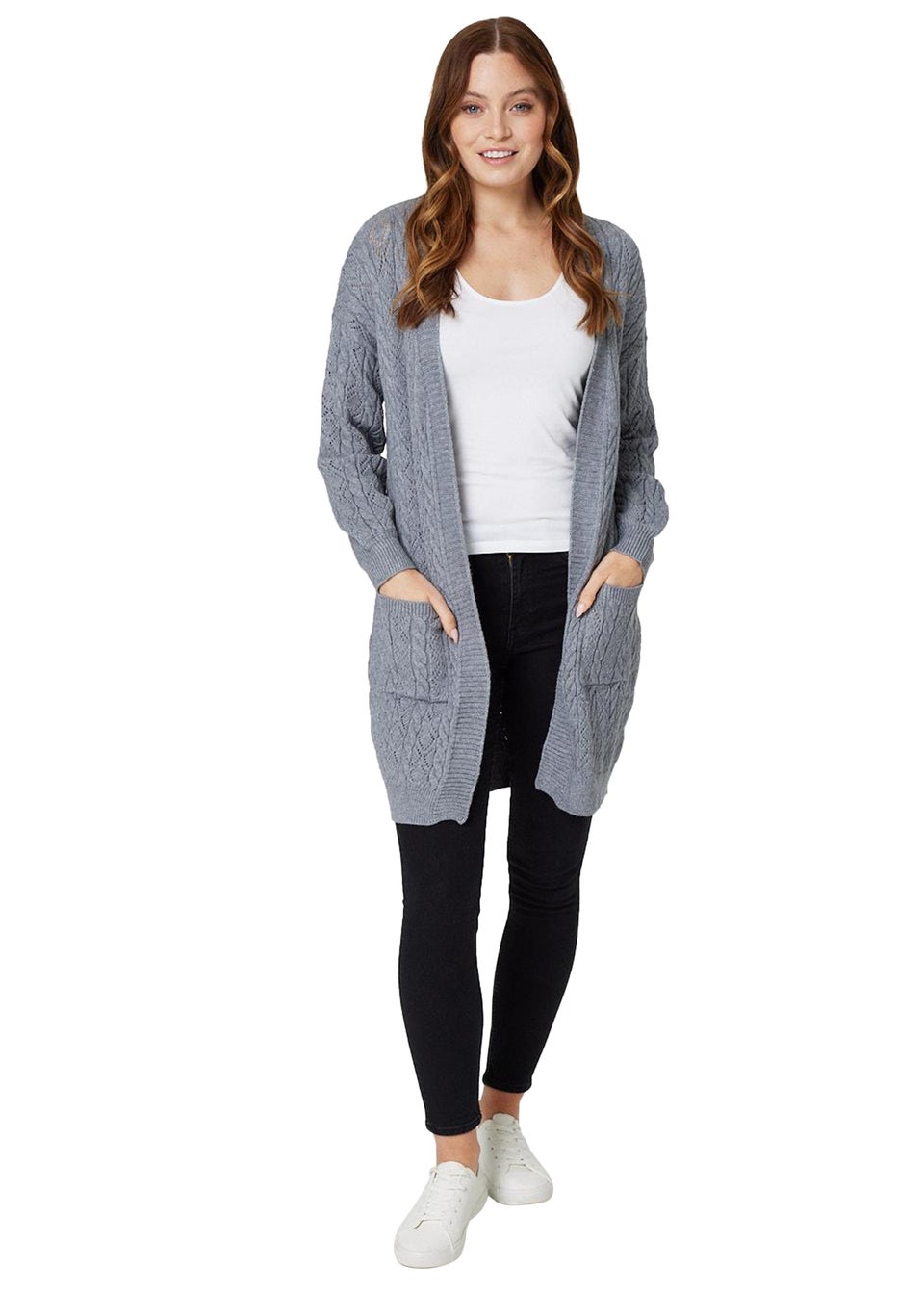 Izabel London Dark Grey Pointelle Open Front Knit Cardigan