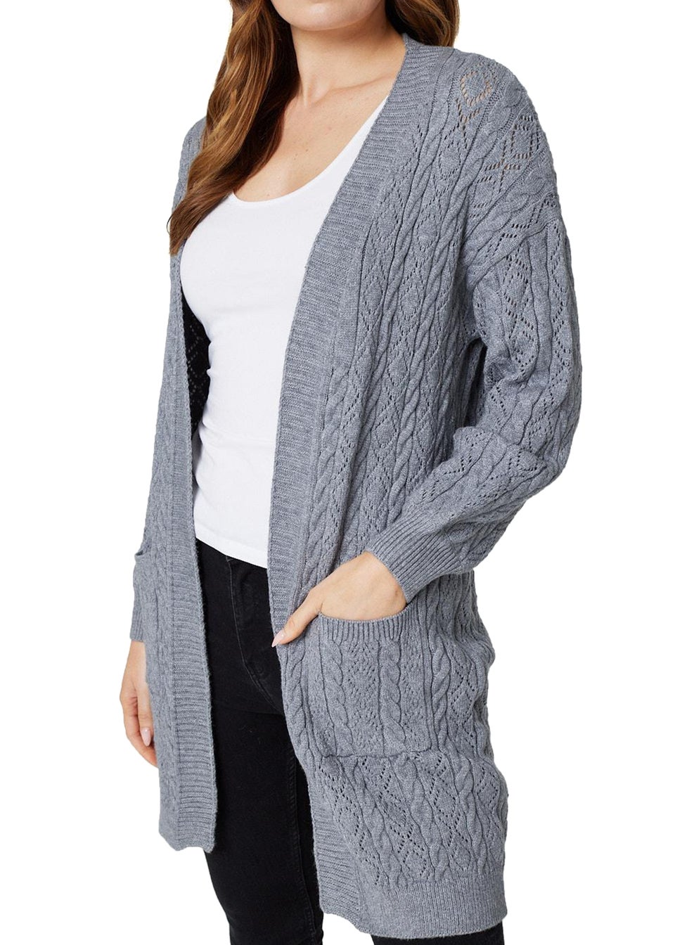 Izabel London Dark Grey Pointelle Open Front Knit Cardigan