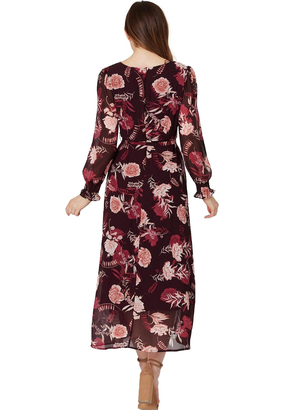 Izabel London Burgundy Floral Long Sleeve A-Line Dress