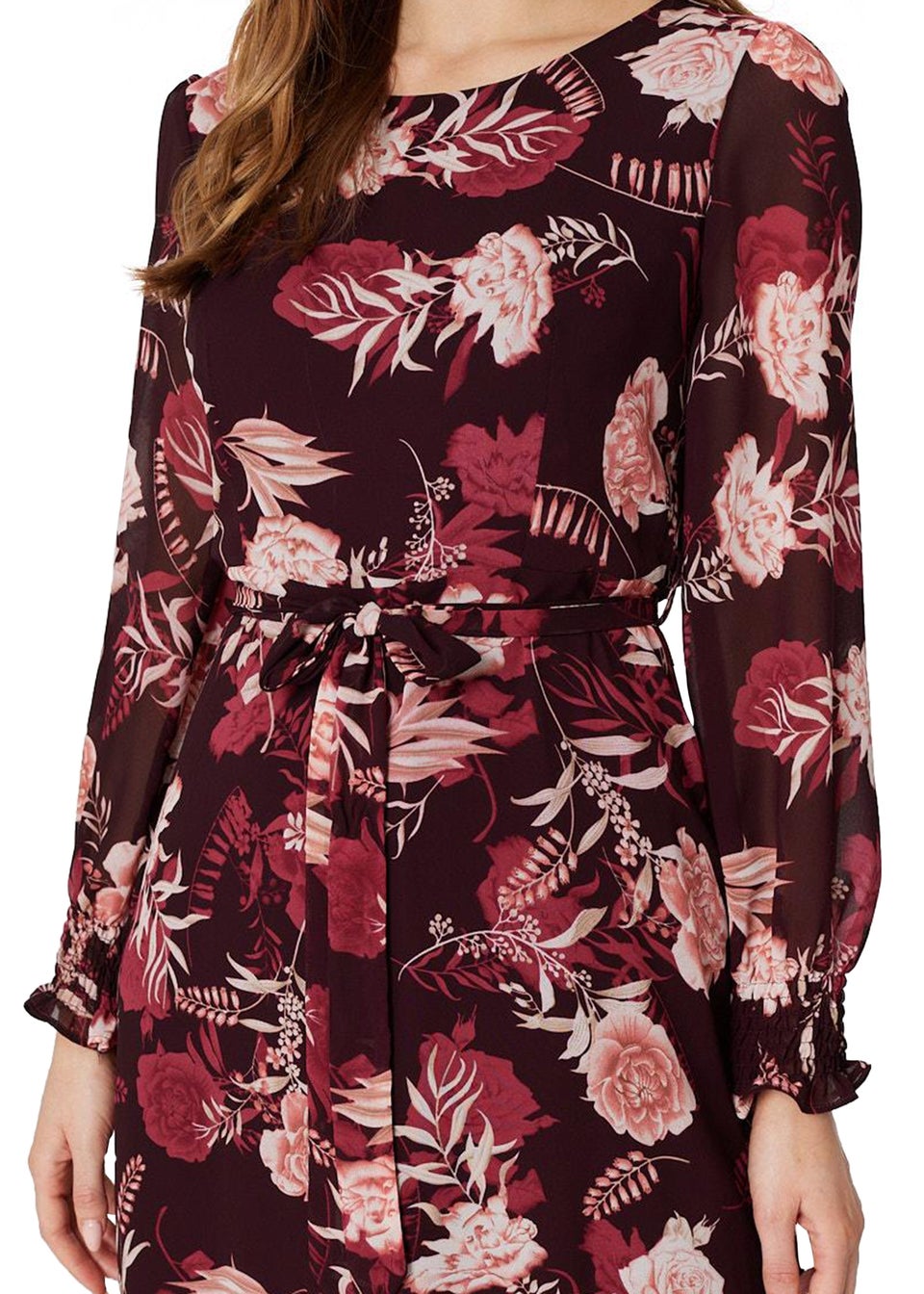Izabel London Burgundy Floral Long Sleeve ALine Dress Matalan