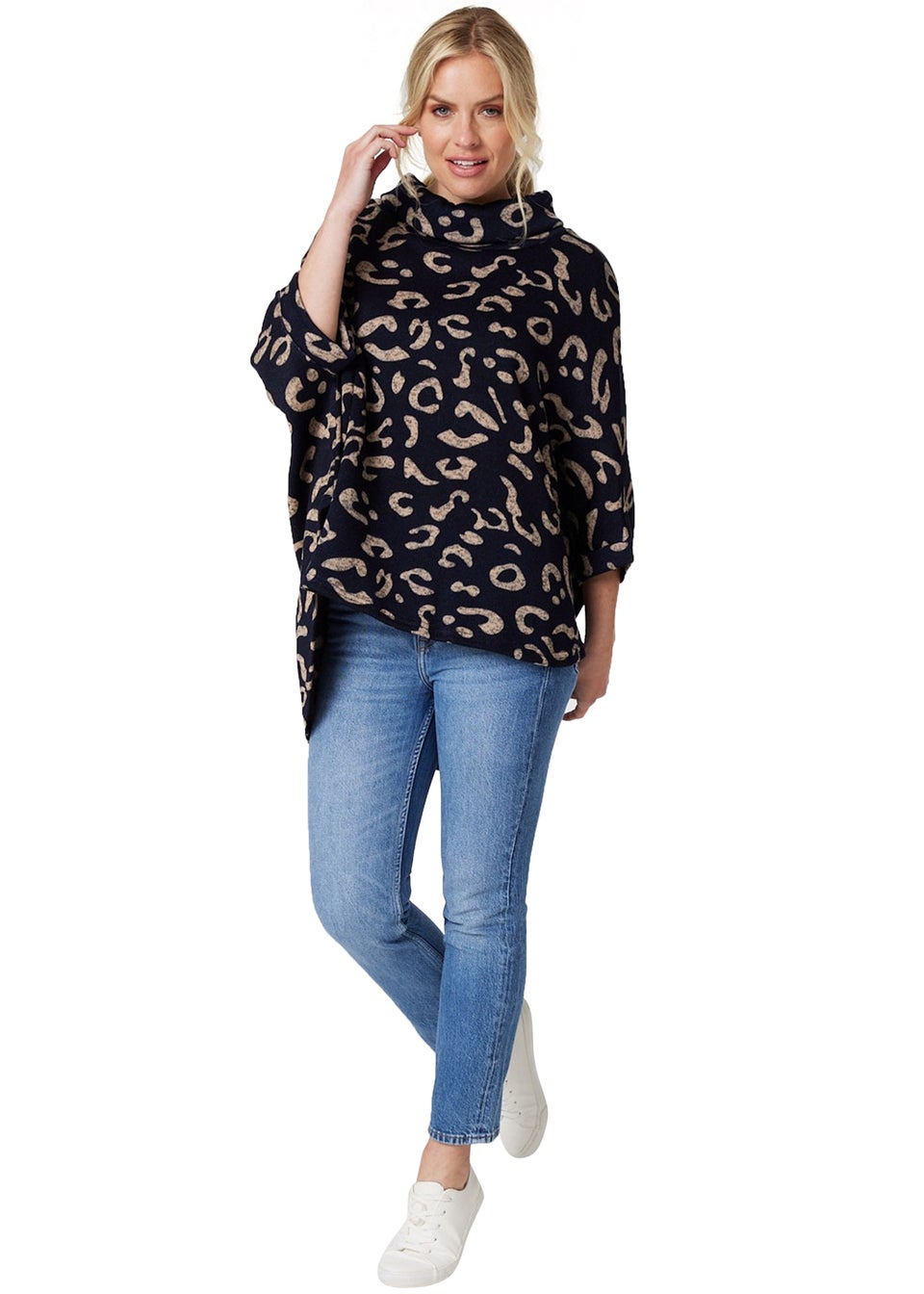 Izabel London Navy Printed Oversized High Neck Top
