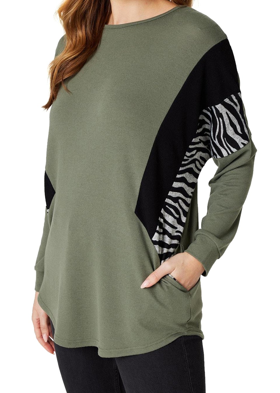 Izabel London Khaki Colour Block Pocket Detail Top
