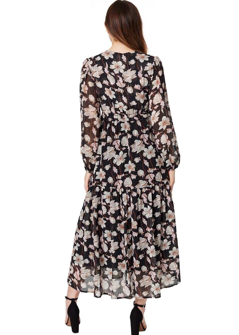 Izabel London Black Floral Drawstring Waist Midi Dress