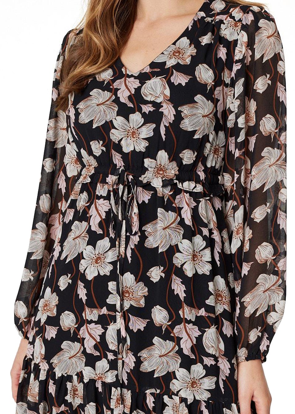 Izabel London Black Floral Drawstring Waist Midi Dress