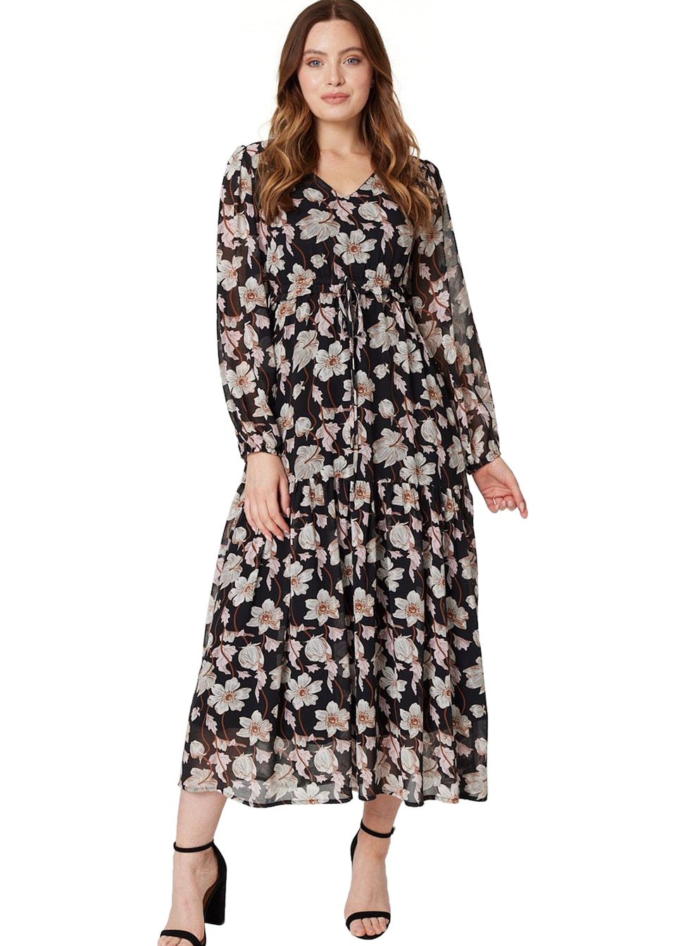 Izabel London Black Floral Drawstring Waist Midi Dress