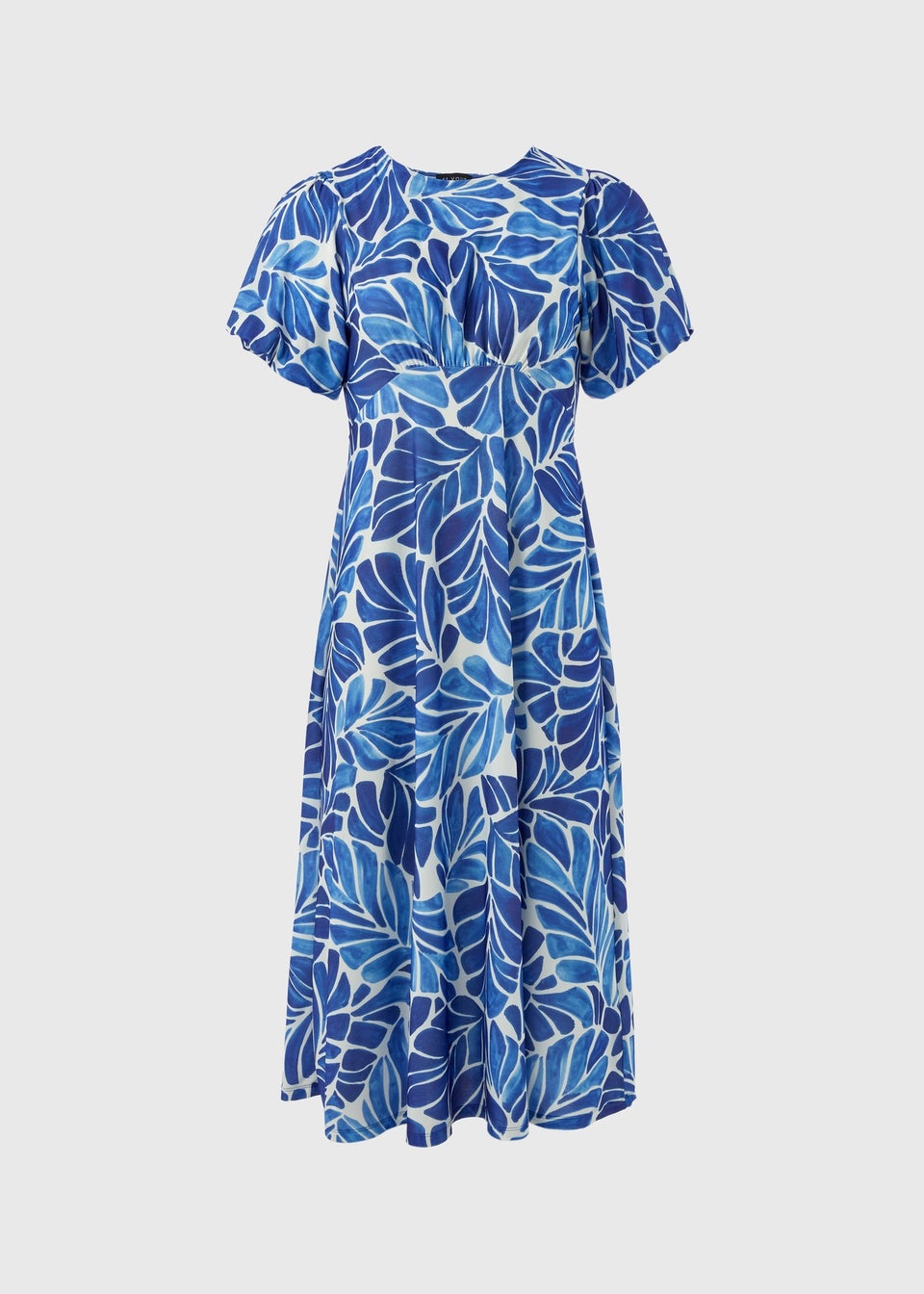 Blue & White Leaf Print Puff Sleeves Midi  Dress