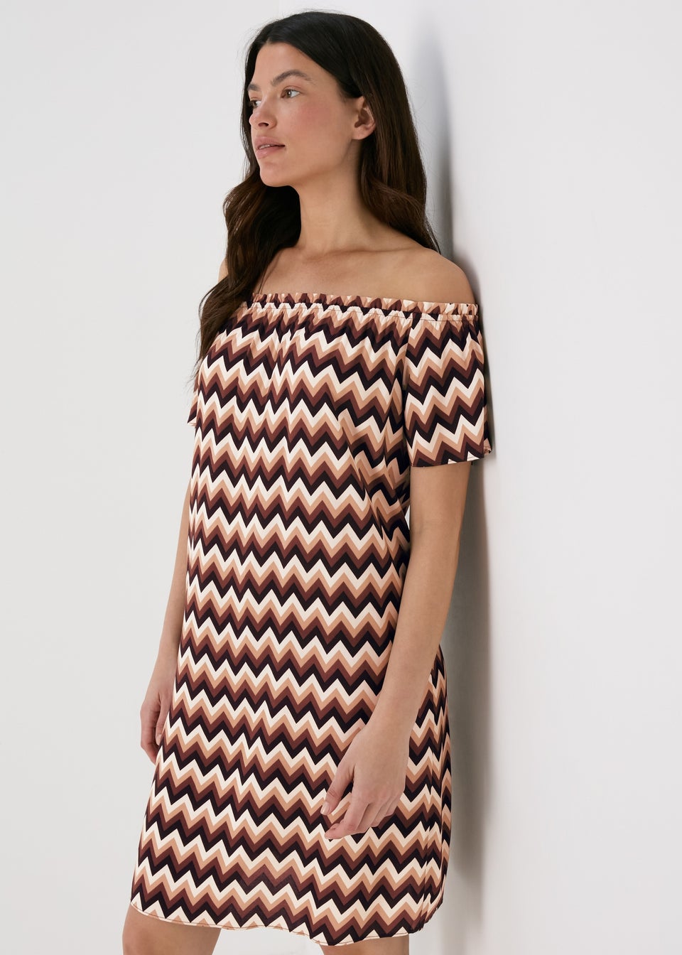 Multicolour Mono Chevron Viscose Bardot Dress Matalan