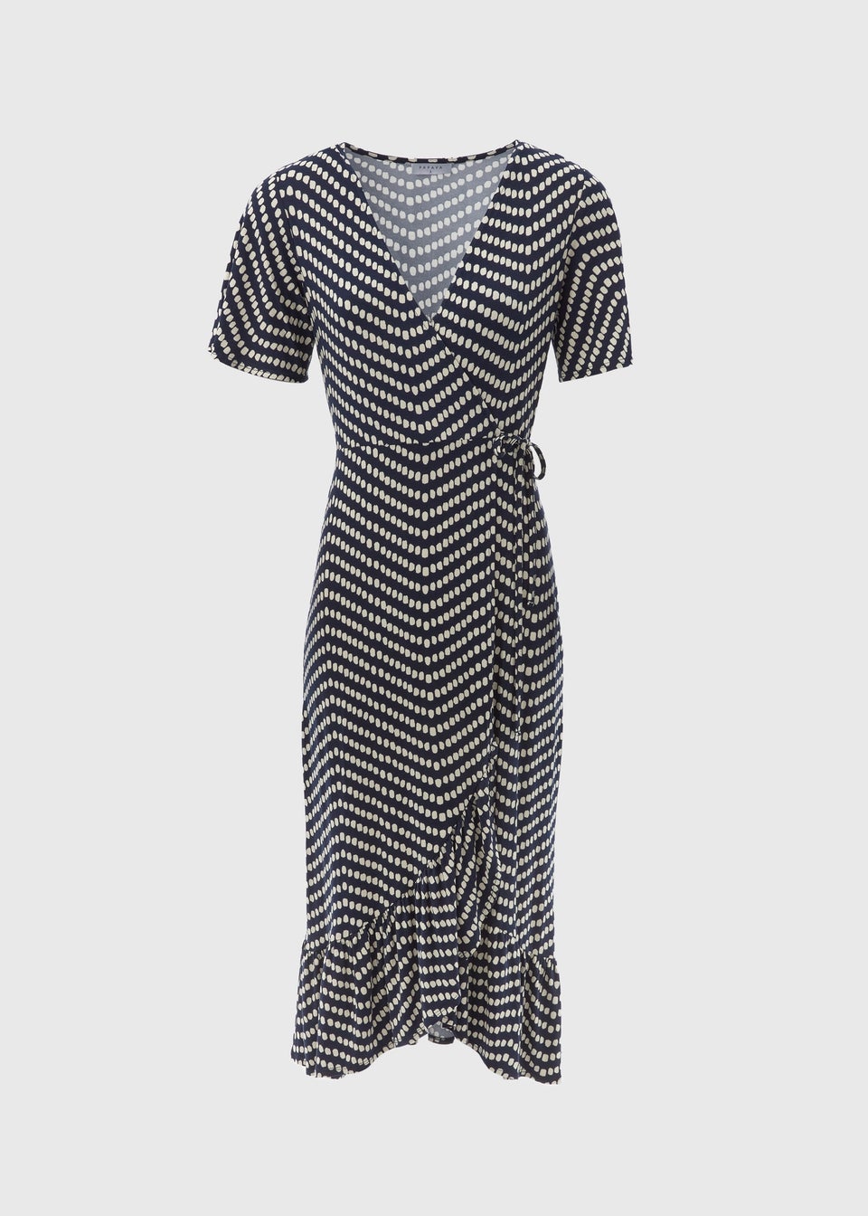 Navy Spot Design Frill Hem Midi Wrap Dress