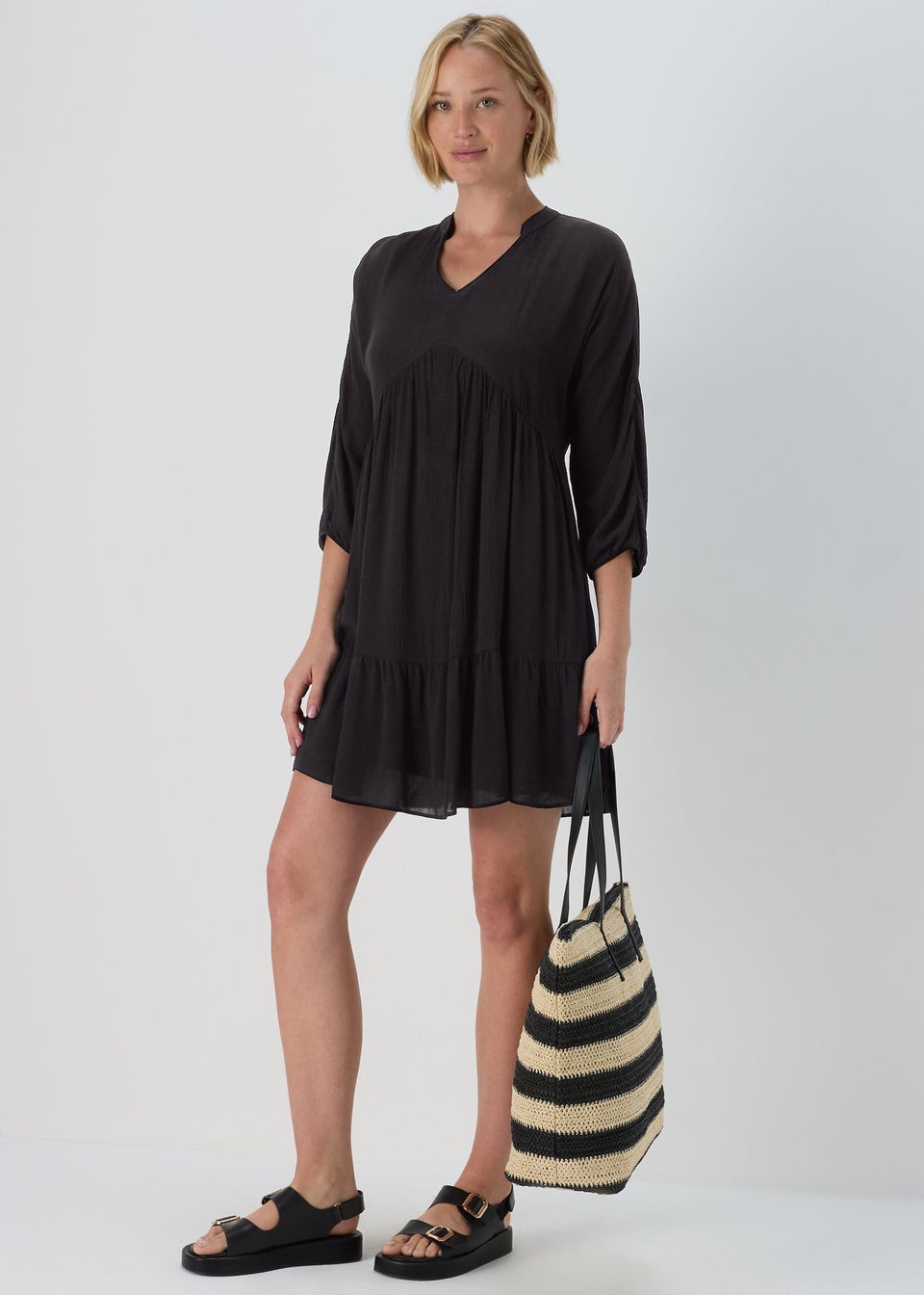 Black Crinkle Trim Smock Dress
