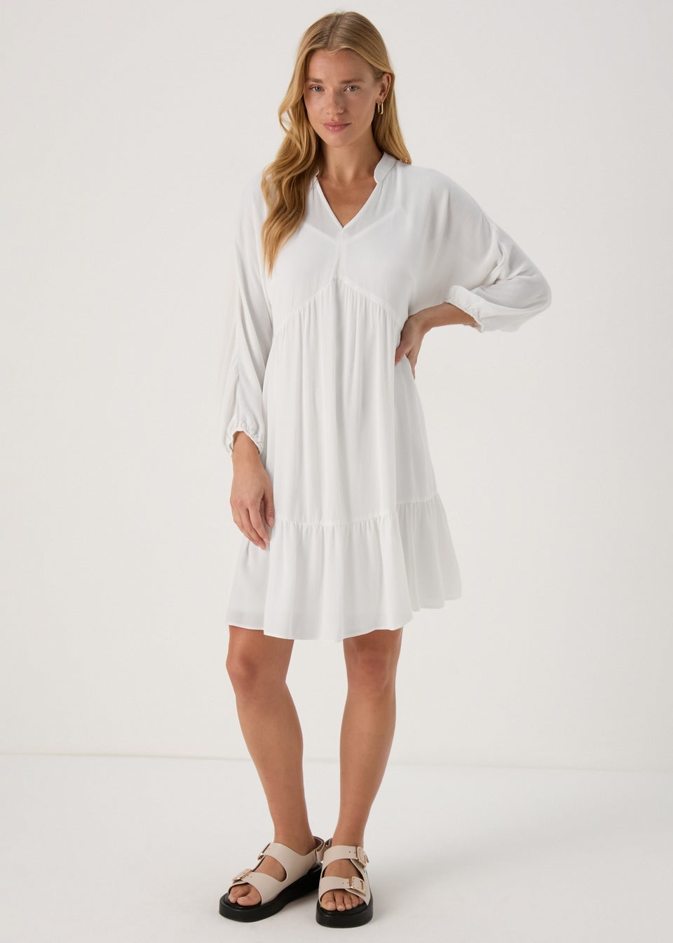 Ivory Crinkle Trim Smock Dress