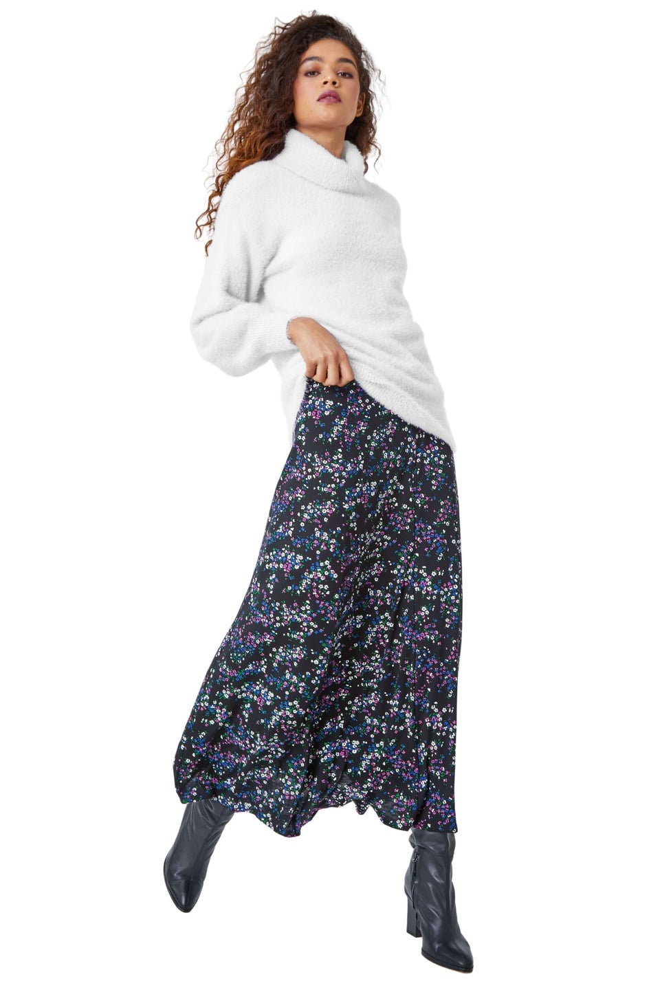 Roman Black Ditsy Floral Stretch Elastic Waist Midi Skirt