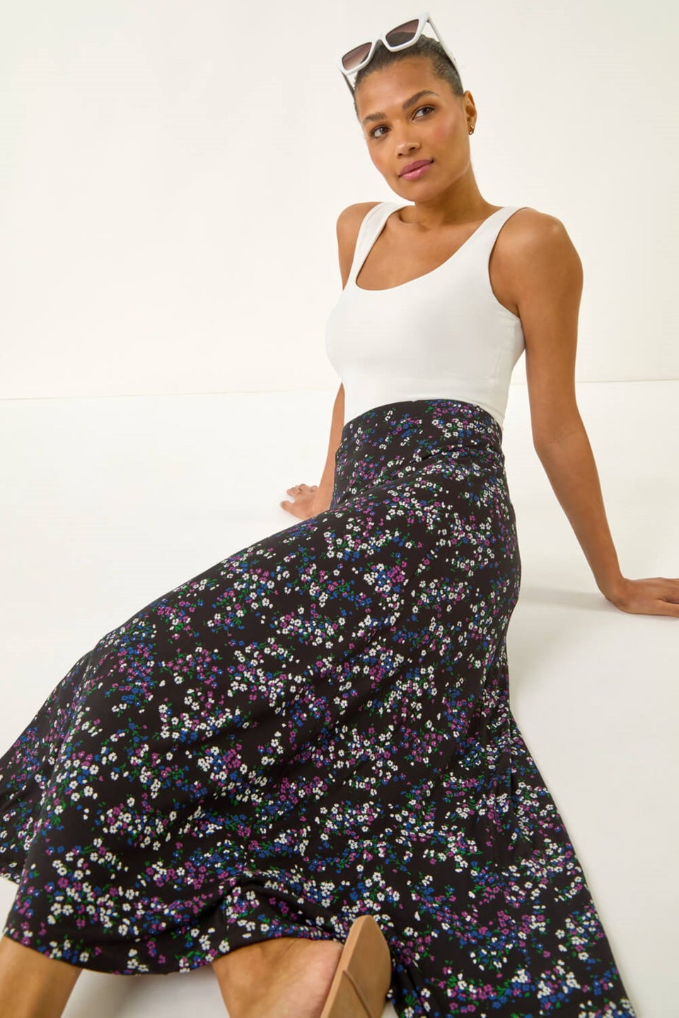 Roman Black Ditsy Floral Stretch Elastic Waist Midi Skirt