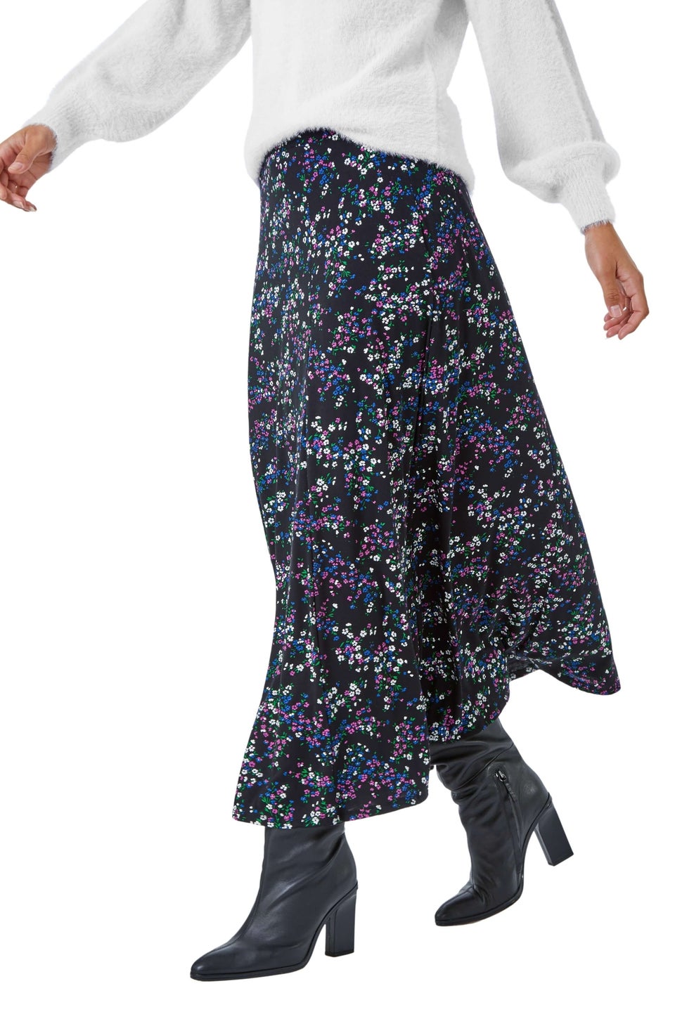 Roman Black Ditsy Floral Stretch Elastic Waist Midi Skirt