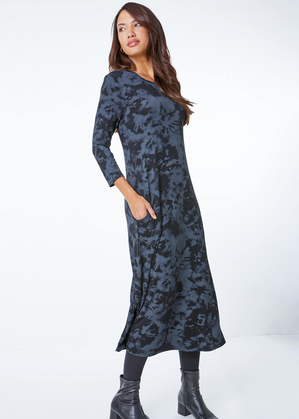 Roman Dark Grey Tie Dye Pocket Jersey Midi Dress