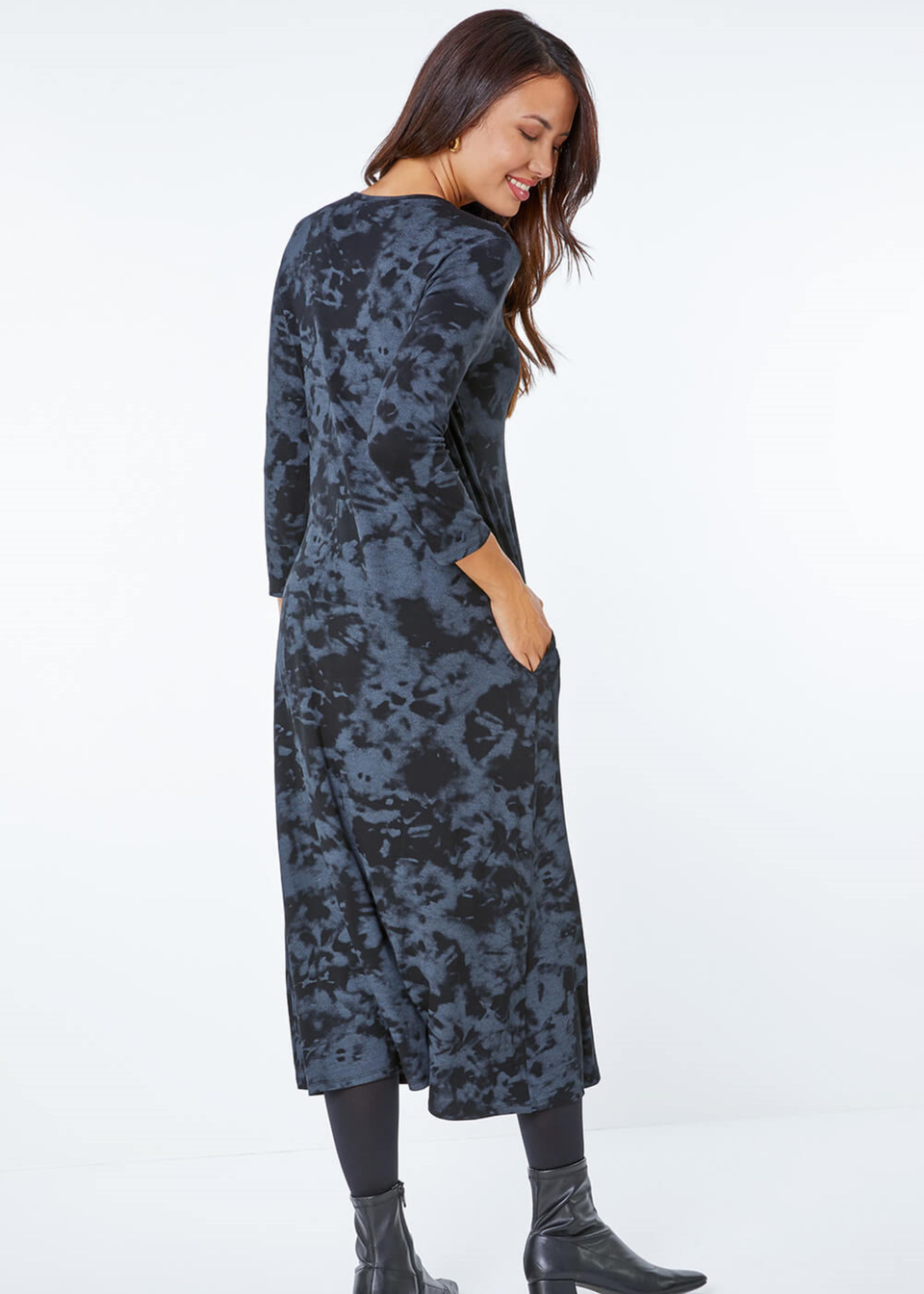 Roman Dark Grey Tie Dye Pocket Jersey Midi Dress