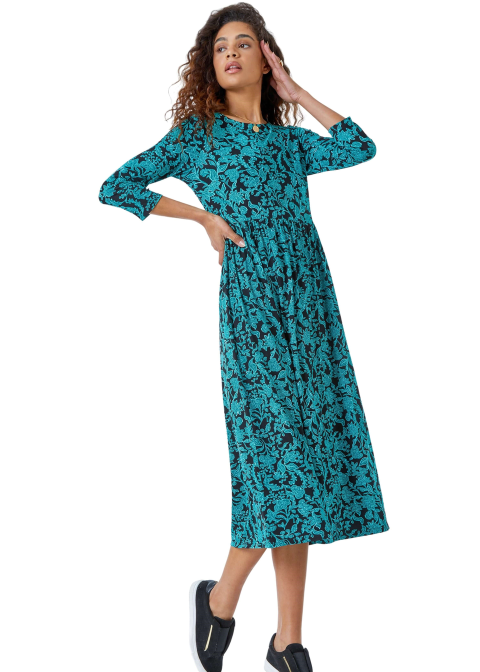 Roman Teal Leaf Print Midi Stretch Dress