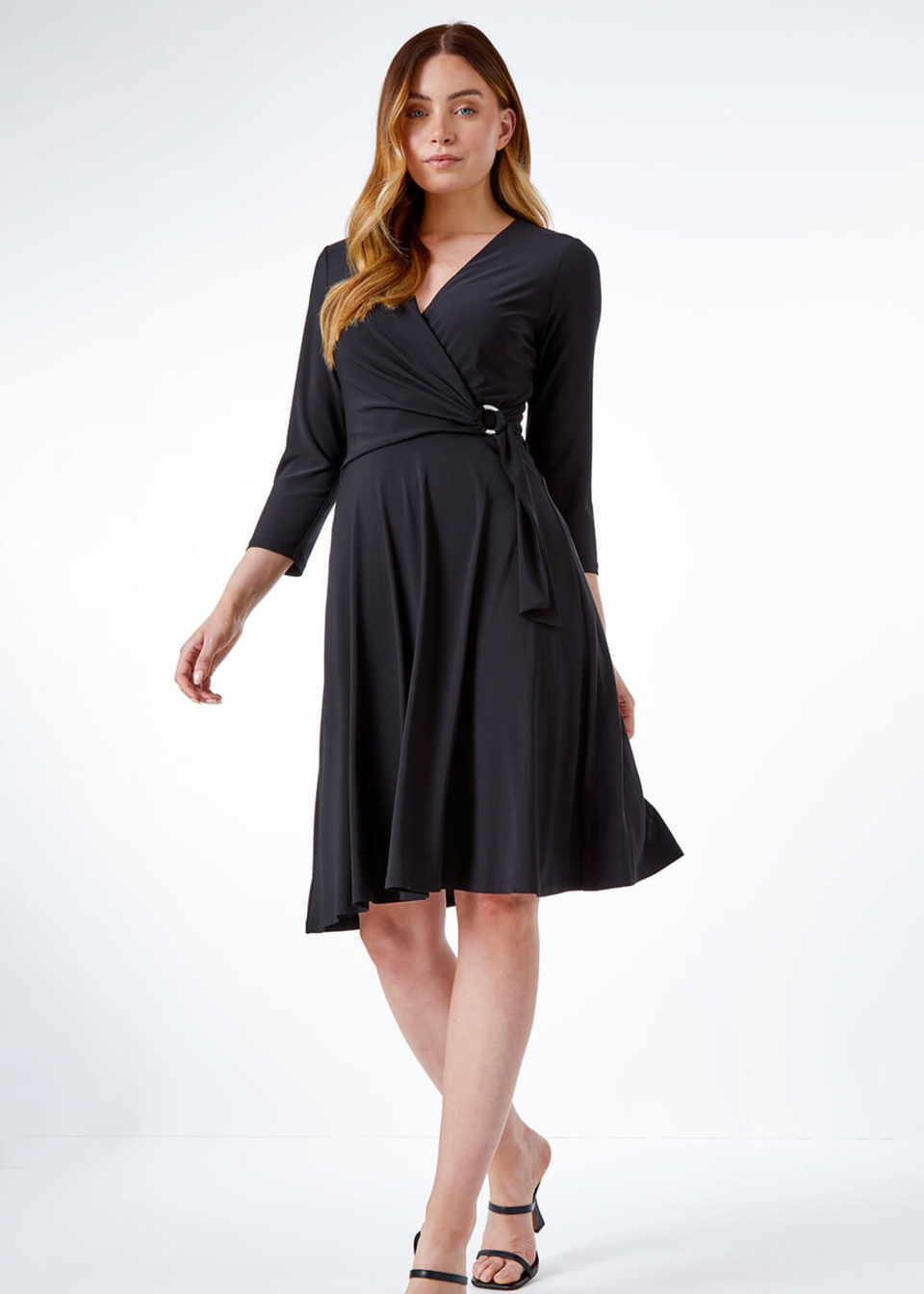 Roman Black Ring Buckle Wrap Stretch Dress
