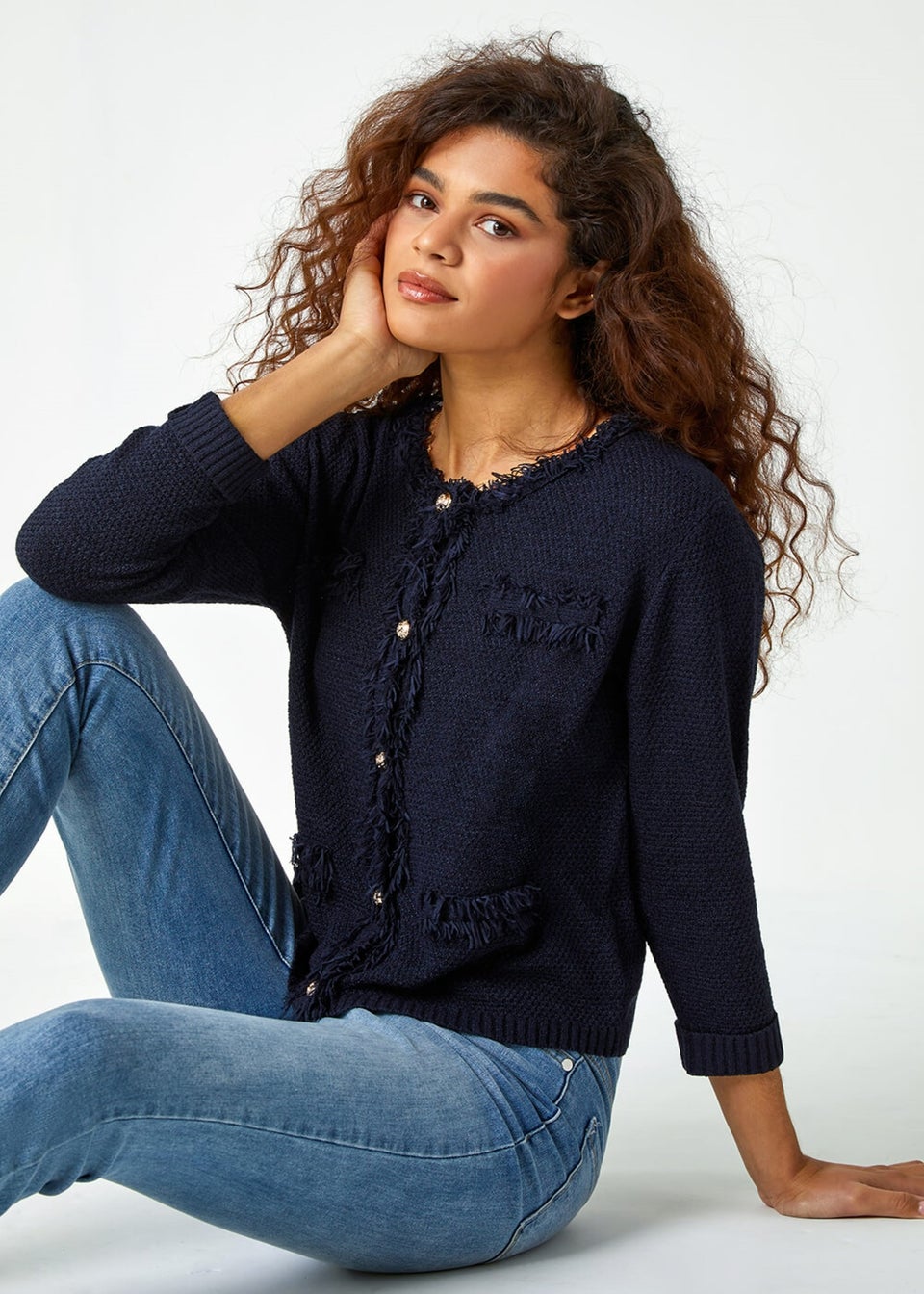 Roman Navy Button Detail Fringe Knit Jacket