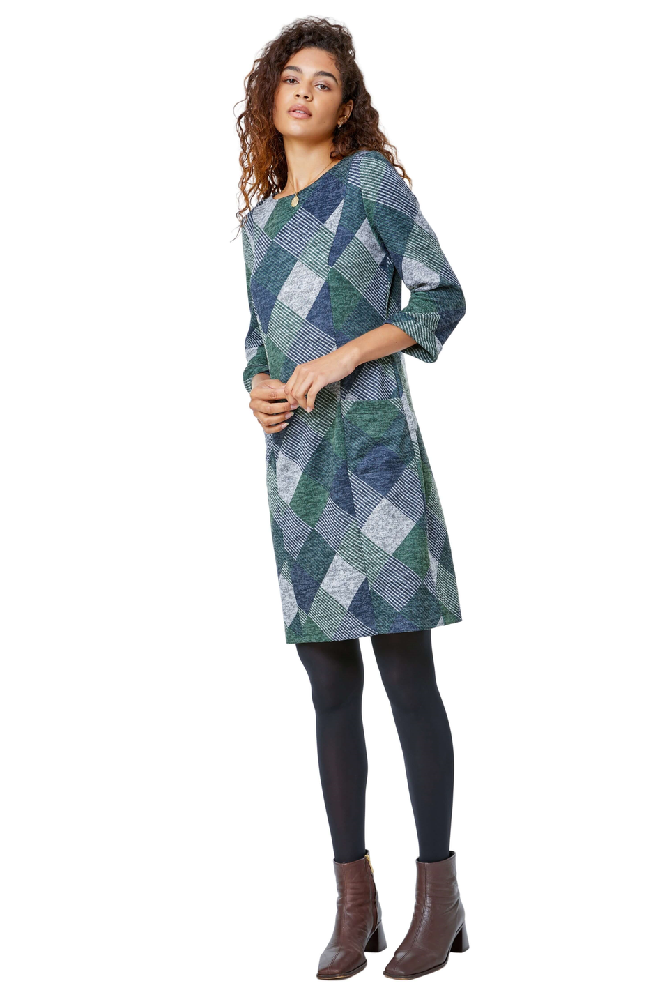 Roman Green Check Print Pocket Shift Dress