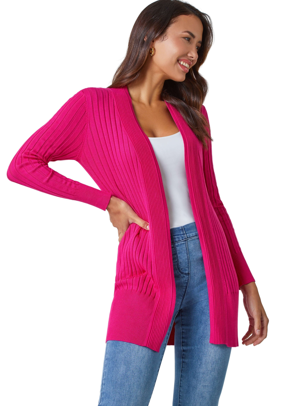 Roman Cerise Longline Stretch Ribbed Cardigan Matalan