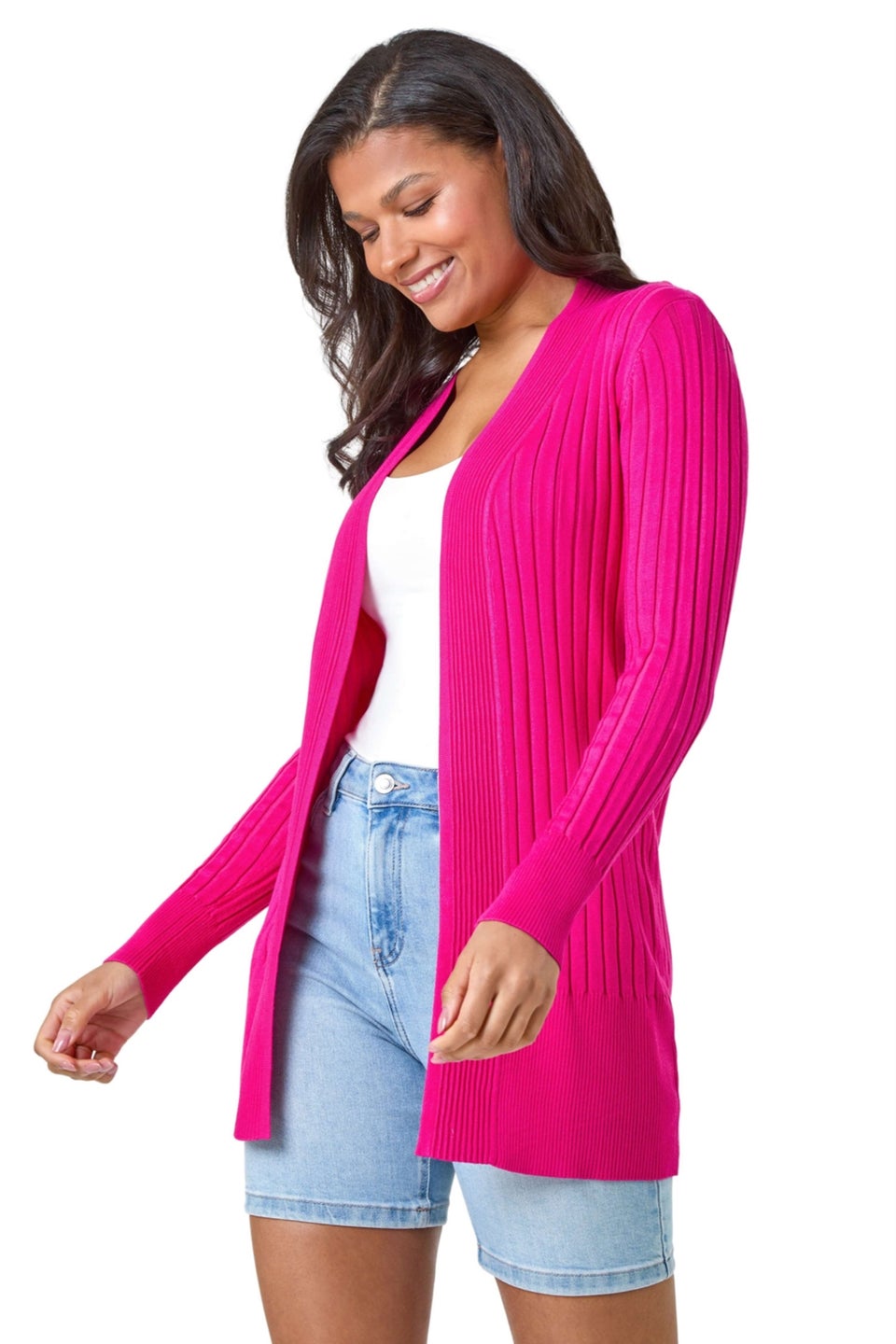 Roman Cerise Longline Stretch Ribbed Cardigan
