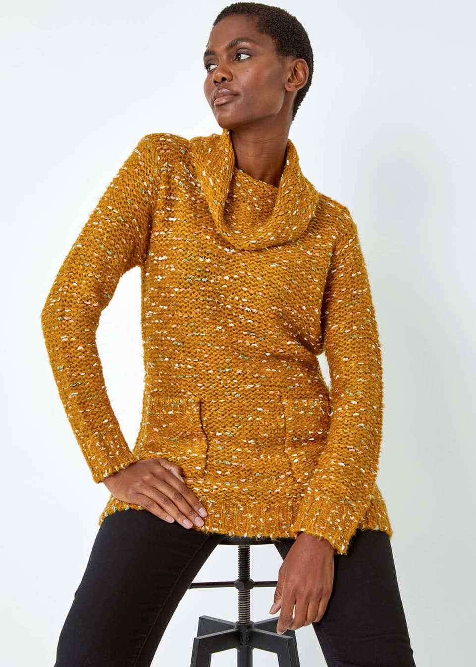 Roman Amber Longline Textured Cowl Neck Pocket Jumper