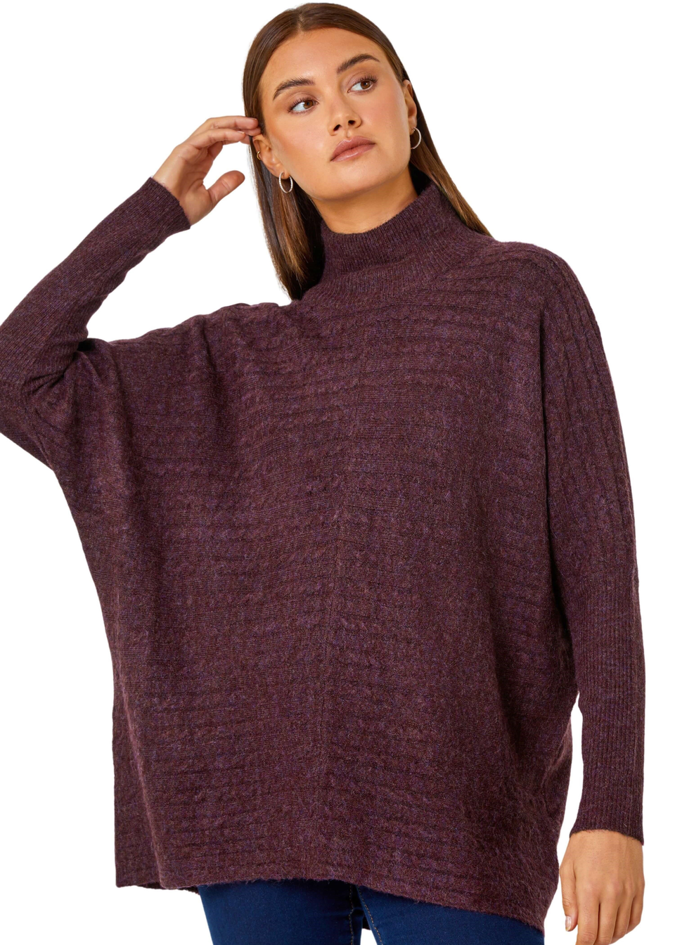 Plum Cable Knit Roll Neck Stretch Longline Jumper